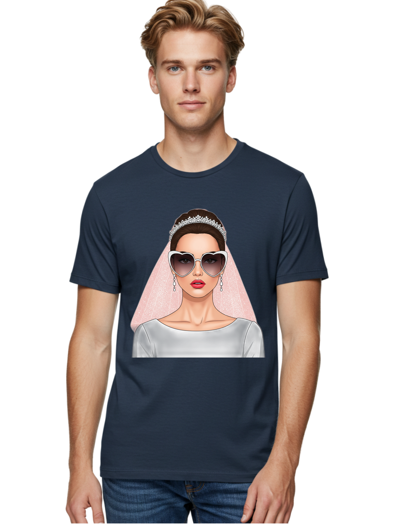 Bride-With-Sunglasses Men'S Graphic Tee, 100% Cotton, Comfortable Casual Summer Wear, Machine Washable, Bride In Sunglasses, Wedding Fashion, Stylish Wedding Attire, Heart-Shaped Sunglasses, Elegant Wedding Look, Trendy Bridal Style, Baa233