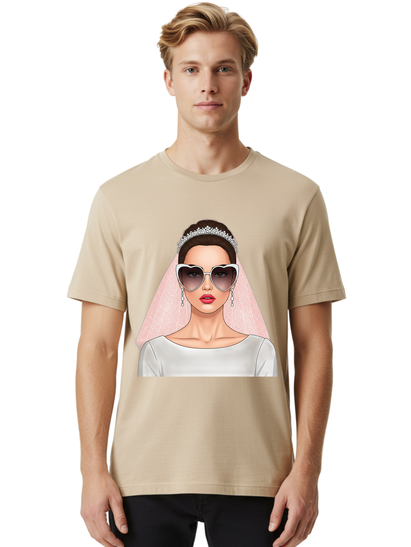 Bride-With-Sunglasses Men'S Graphic Tee, 100% Cotton, Comfortable Casual Summer Wear, Machine Washable, Bride In Sunglasses, Wedding Fashion, Stylish Wedding Attire, Heart-Shaped Sunglasses, Elegant Wedding Look, Trendy Bridal Style, Baa233