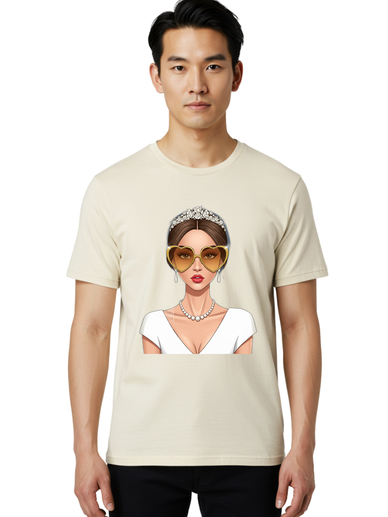 Bride Men'S Graphic Tee, 100% Cotton, Comfortable Casual Summer Wear, Machine Washable, Bride Avatar, White Wedding Dress, Heart-Shaped Sunglasses, Pearl Necklace, Elegant Attire, Glamorous Accessories, Fashionable Design, Luxury Style, Baa234
