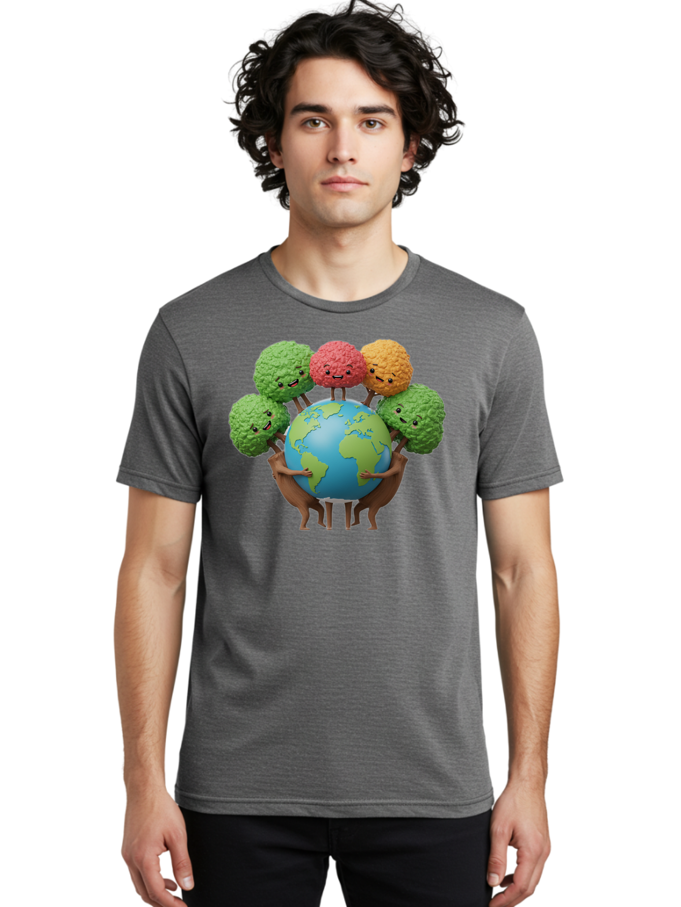 Broccoli-Earth Men'S Graphic Tee, 100% Cotton, Comfortable Casual Summer Wear, Machine Washable, Broccoli Characters, Diverse Vegetables, Happy Faces, Global Unity, Earth Support, Environmental Care, Cartoon Style, Green Earth, Varied Colors Baa235