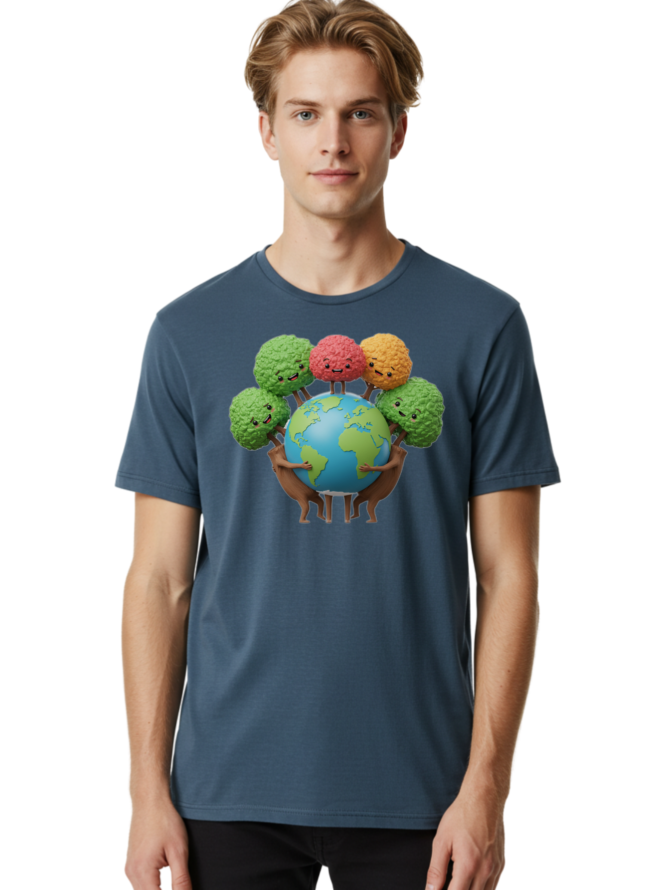Broccoli-Earth Men'S Graphic Tee, 100% Cotton, Comfortable Casual Summer Wear, Machine Washable, Broccoli Characters, Diverse Vegetables, Happy Faces, Global Unity, Earth Support, Environmental Care, Cartoon Style, Green Earth, Varied Colors Baa235
