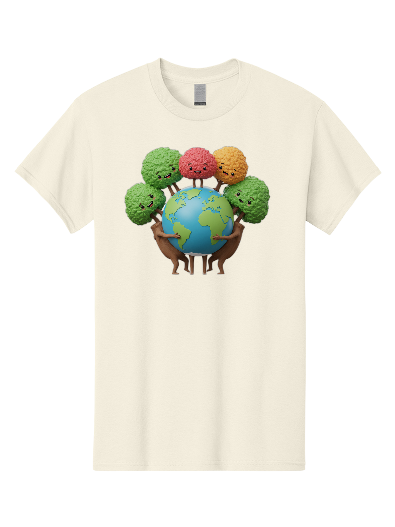 Broccoli-Earth Men'S Graphic Tee, 100% Cotton, Comfortable Casual Summer Wear, Machine Washable, Broccoli Characters, Diverse Vegetables, Happy Faces, Global Unity, Earth Support, Environmental Care, Cartoon Style, Green Earth, Varied Colors Baa235