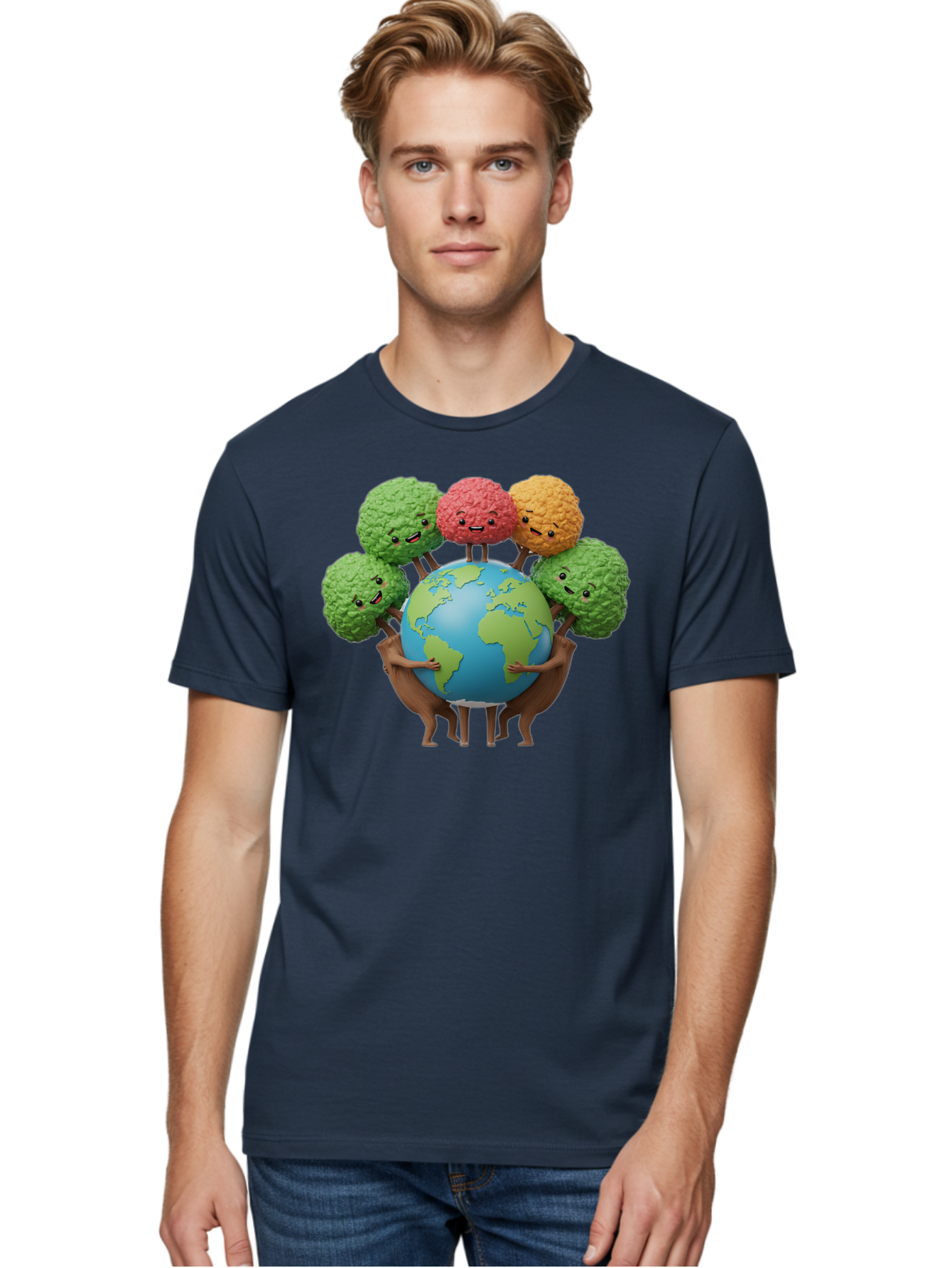 Broccoli-Earth Men'S Graphic Tee, 100% Cotton, Comfortable Casual Summer Wear, Machine Washable, Broccoli Characters, Diverse Vegetables, Happy Faces, Global Unity, Earth Support, Environmental Care, Cartoon Style, Green Earth, Varied Colors Baa235