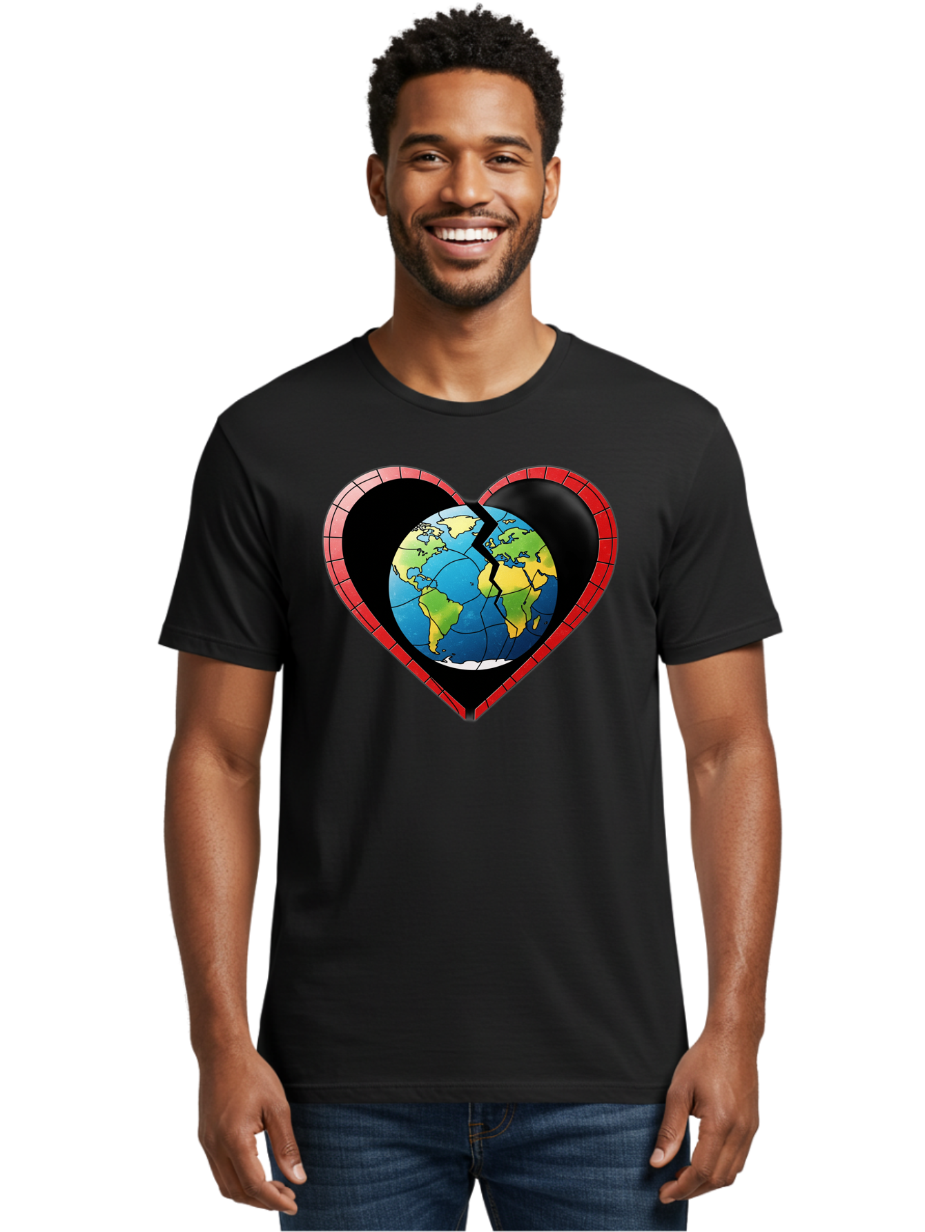 Broken-Heart-Earth Men'S Graphic Tee, 100% Cotton, Comfortable Casual Summer Wear, Machine Washable, Heart-Shaped Earth, Broken Earth, Fractured Globe, Cracked Heart, World Map, Earth Love, Environmental Concern, Global Unity Baa237