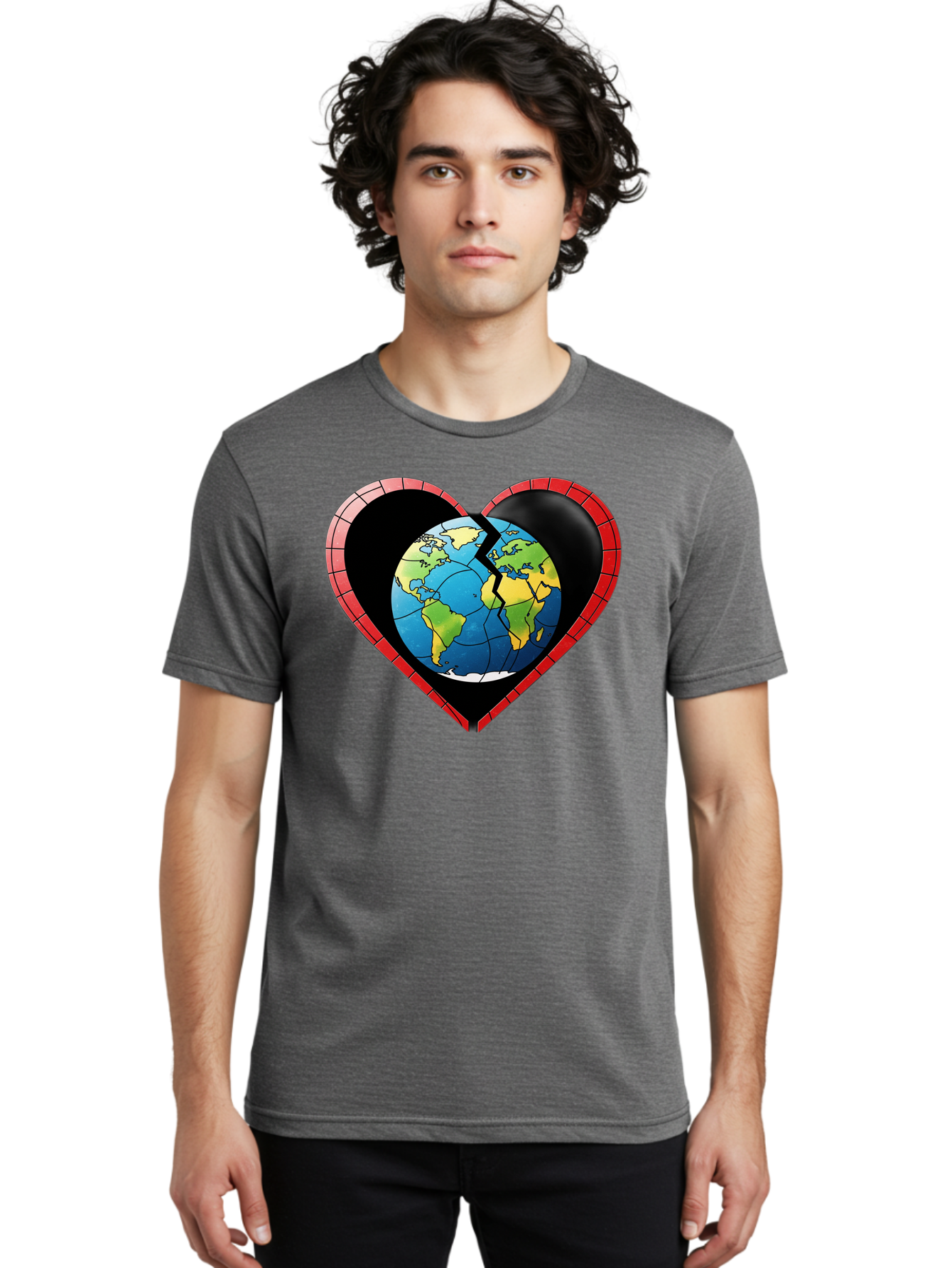 Broken-Heart-Earth Men'S Graphic Tee, 100% Cotton, Comfortable Casual Summer Wear, Machine Washable, Heart-Shaped Earth, Broken Earth, Fractured Globe, Cracked Heart, World Map, Earth Love, Environmental Concern, Global Unity Baa237