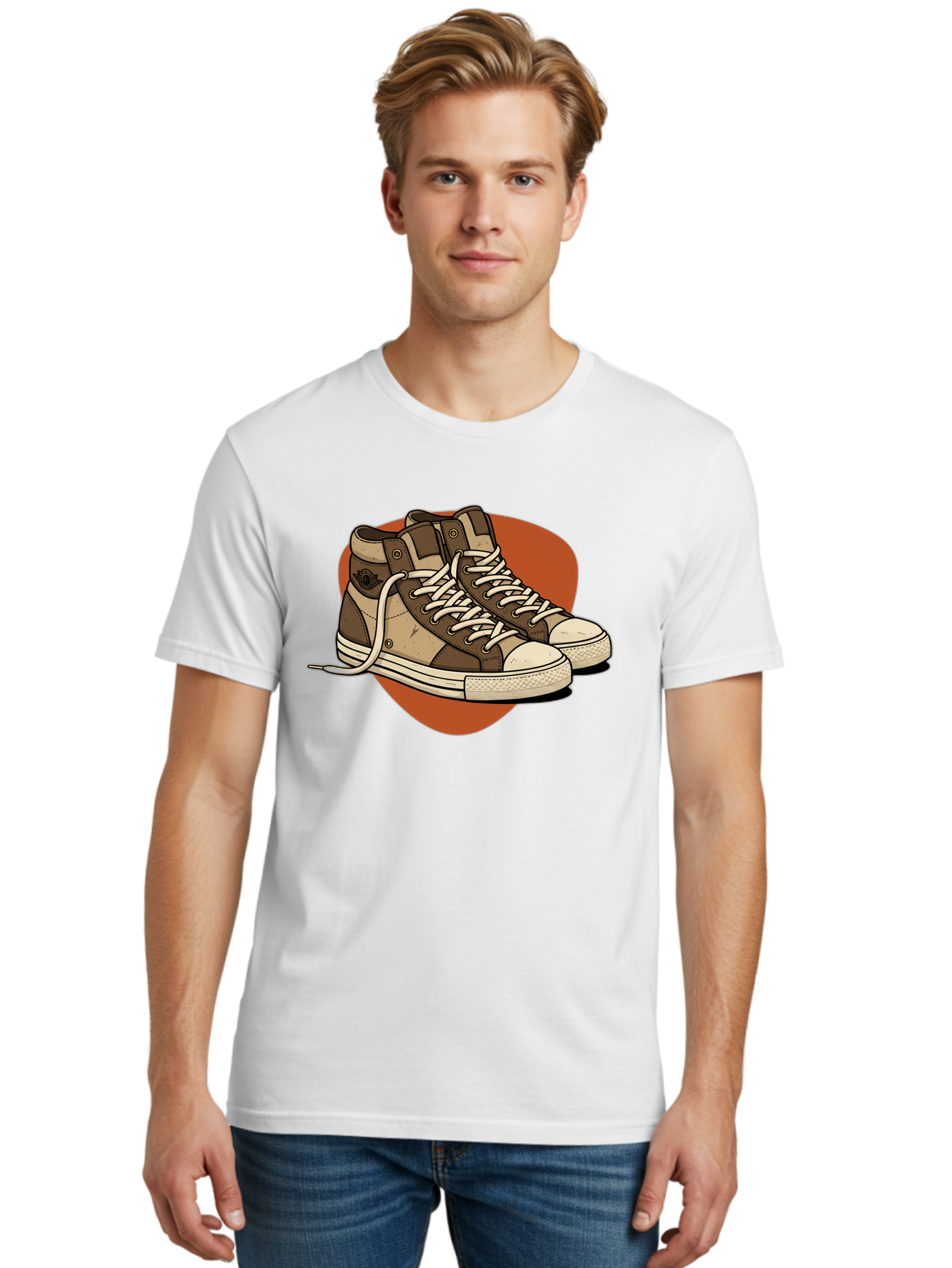 Brown-Converse-Sneakers Men'S Graphic Tee, 100% Cotton, Comfortable Casual Summer Wear, Machine Washable, Converse Shoes, High-Top Sneakers, Brown And Tan Sneakers, Casual Footwear, Fashion Sneakers, Streetwear Style, Laced Shoes, Baa238