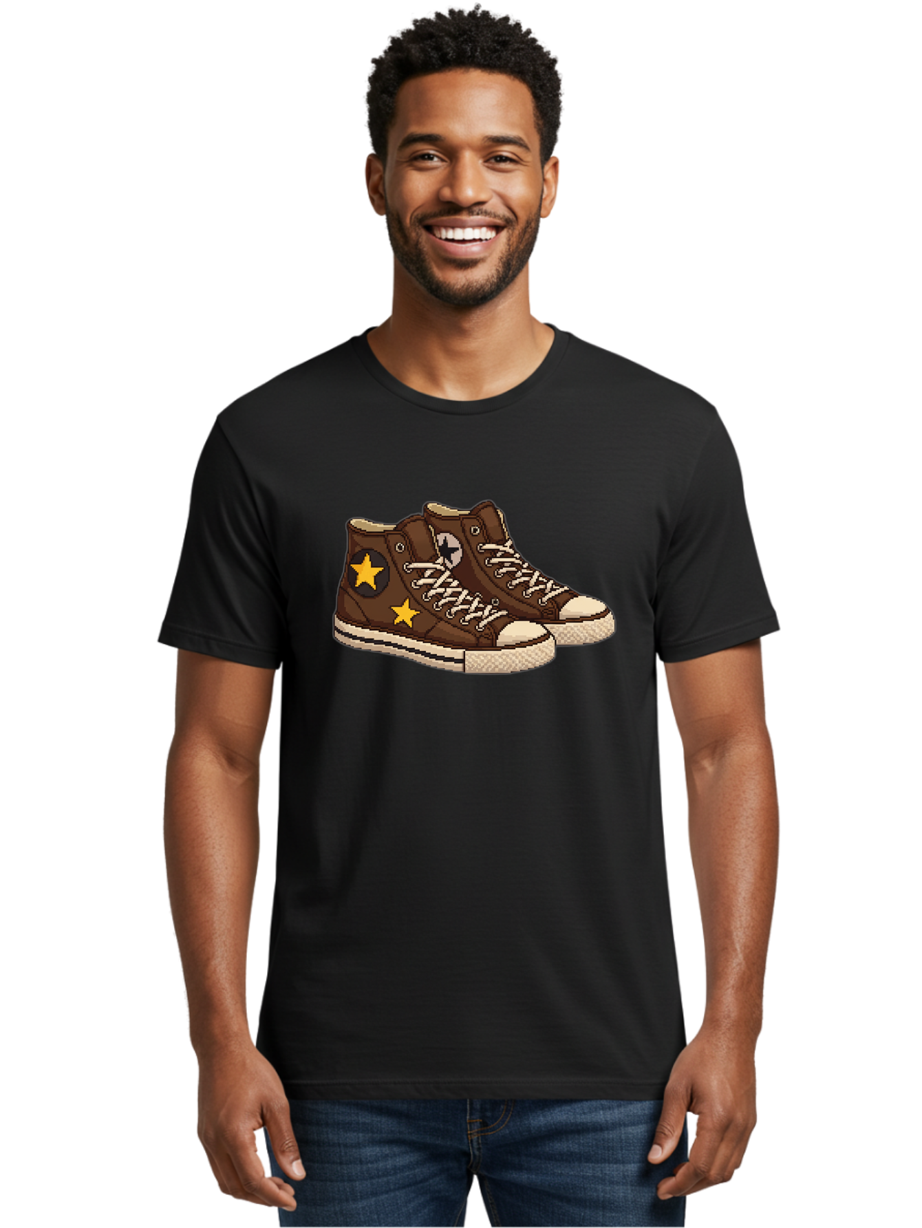 Brown-Converse Men'S Graphic Tee, 100% Cotton, Comfortable Casual Summer Wear, Machine Washable, Brown Converse Shoes, High-Top Sneakers, Yellow Stars, White Laces, Casual Footwear, Streetwear Fashion, Skateboarding Shoes, Comfortable Kicks Baa239