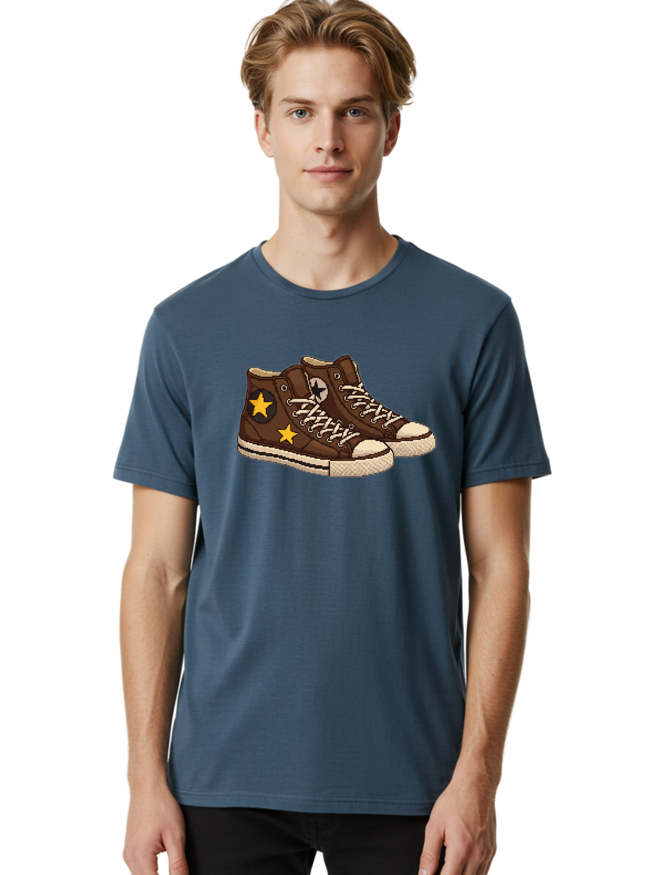 Brown-Converse Men'S Graphic Tee, 100% Cotton, Comfortable Casual Summer Wear, Machine Washable, Brown Converse Shoes, High-Top Sneakers, Yellow Stars, White Laces, Casual Footwear, Streetwear Fashion, Skateboarding Shoes, Comfortable Kicks Baa239