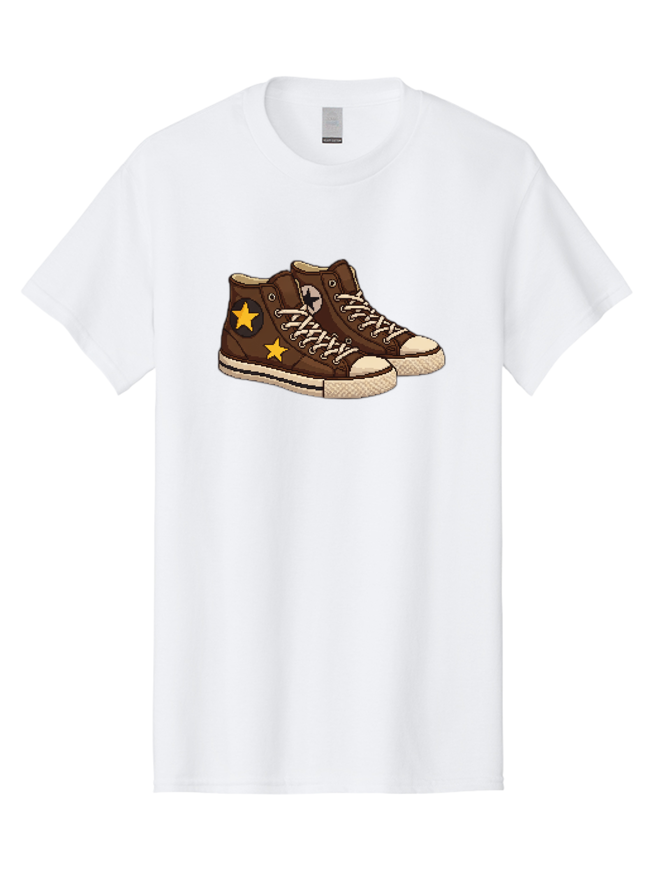 Brown-Converse Men'S Graphic Tee, 100% Cotton, Comfortable Casual Summer Wear, Machine Washable, Brown Converse Shoes, High-Top Sneakers, Yellow Stars, White Laces, Casual Footwear, Streetwear Fashion, Skateboarding Shoes, Comfortable Kicks Baa239