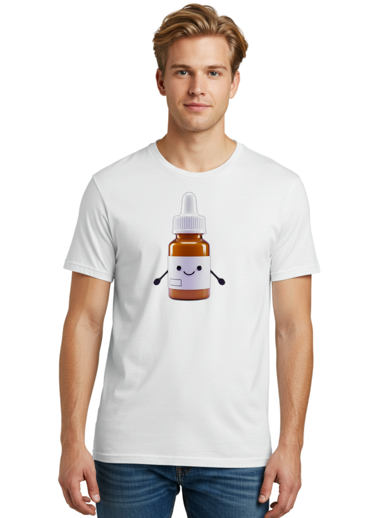 Brown-Medicine-Bottle-With-Smiley-Face Men'S Graphic Tee, 100% Cotton, Comfortable Casual Summer Wear, Machine Washable, Medicine Bottle With Smiley Face, Blank Label, Cute Medical Supplies, Humorous Healthcare, Quirky Medicine, Medical Humor, Baa240