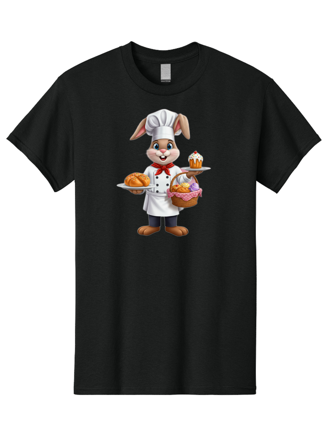 Bunny-Chef Men'S Graphic Tee, 100% Cotton, Comfortable Casual Summer Wear, Machine Washable, Cartoon Bunny Chef, Baked Goods, Cupcake, Bread, Basket Of Pastries, Chef Hat, Red Bow Tie, White Coat, Happy Expression, Easter Theme, Bakery Items Baa241