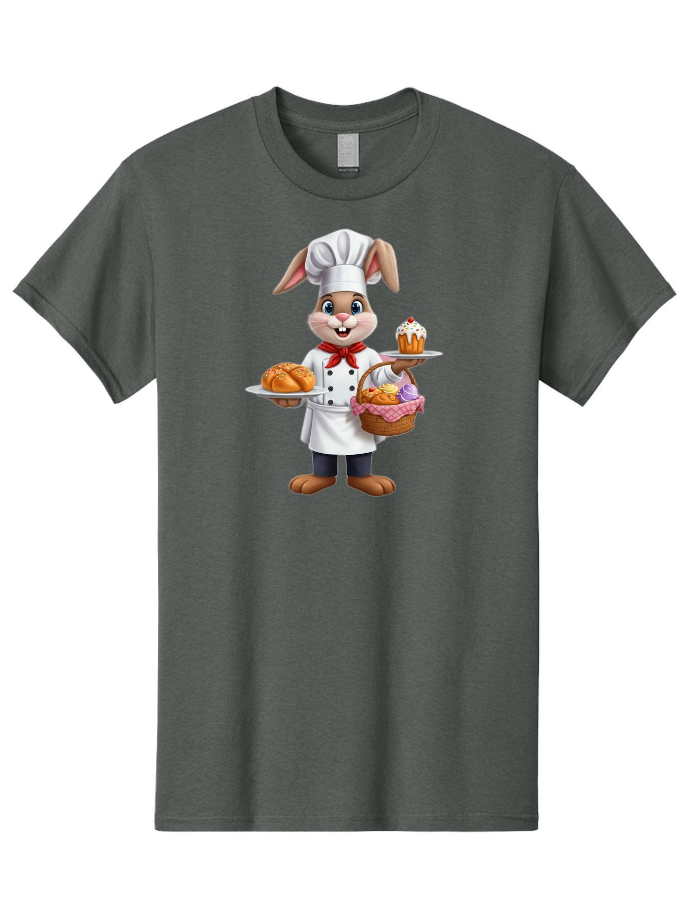 Bunny-Chef Men'S Graphic Tee, 100% Cotton, Comfortable Casual Summer Wear, Machine Washable, Cartoon Bunny Chef, Baked Goods, Cupcake, Bread, Basket Of Pastries, Chef Hat, Red Bow Tie, White Coat, Happy Expression, Easter Theme, Bakery Items Baa241