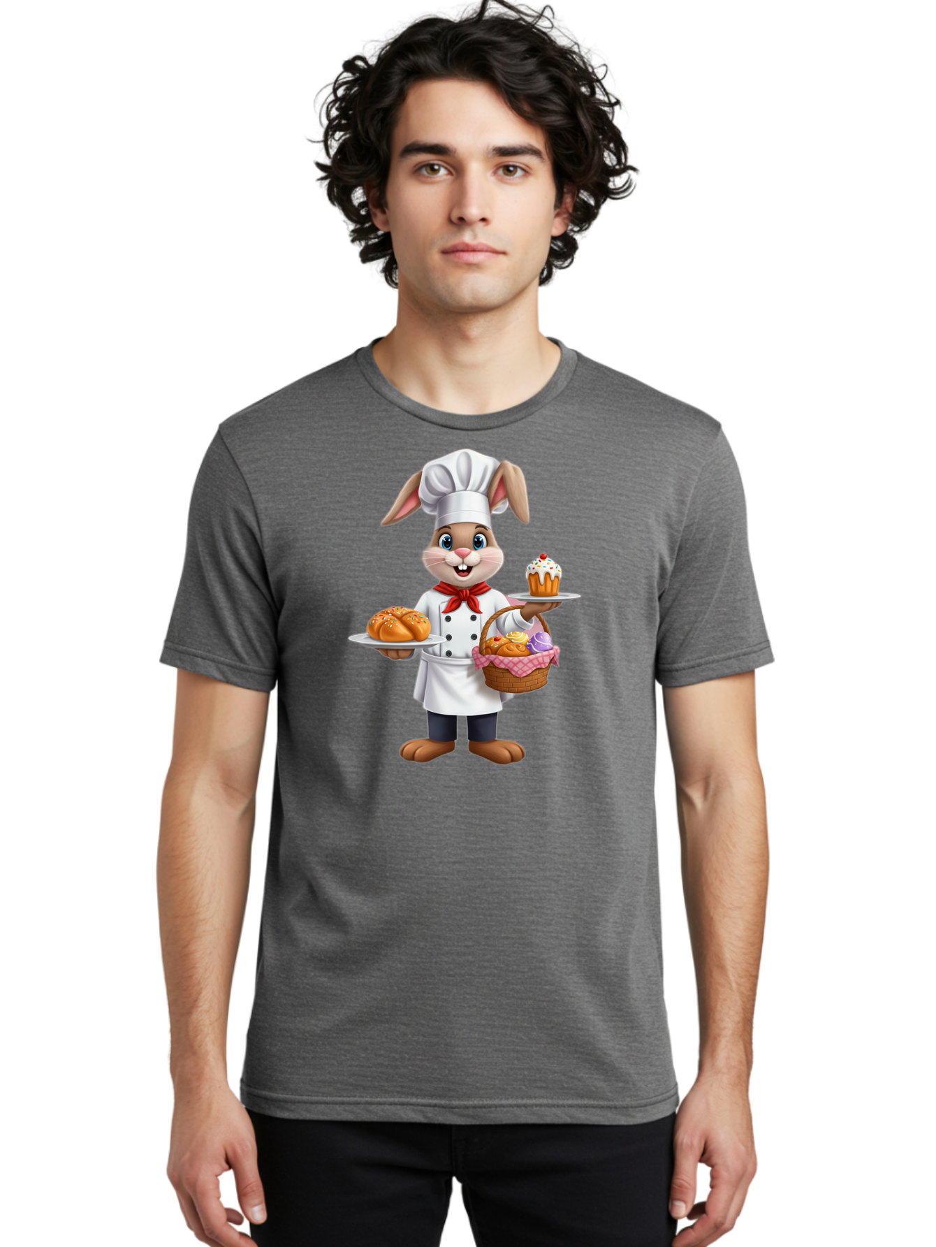 Bunny-Chef Men'S Graphic Tee, 100% Cotton, Comfortable Casual Summer Wear, Machine Washable, Cartoon Bunny Chef, Baked Goods, Cupcake, Bread, Basket Of Pastries, Chef Hat, Red Bow Tie, White Coat, Happy Expression, Easter Theme, Bakery Items Baa241