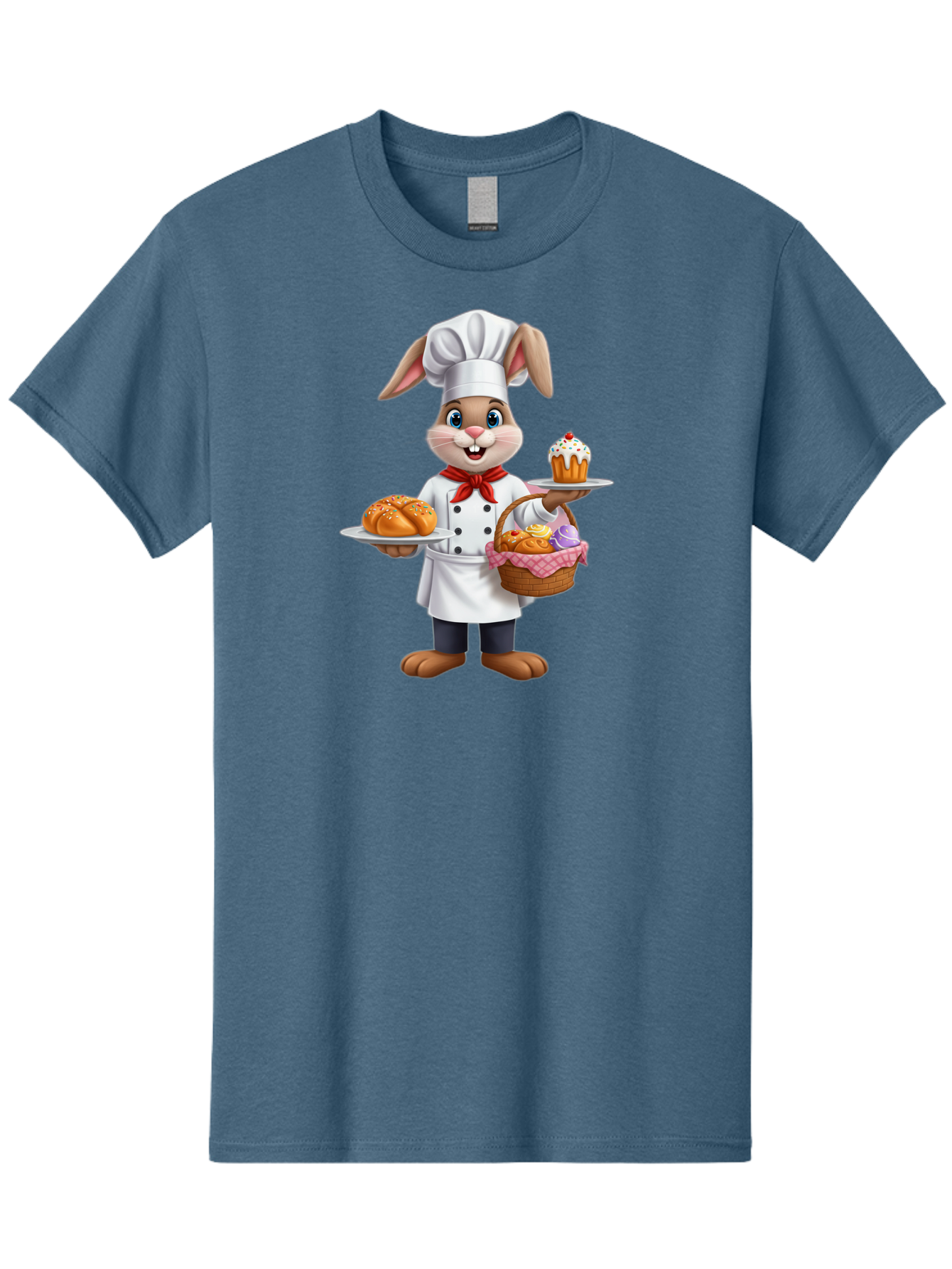 Bunny-Chef Men'S Graphic Tee, 100% Cotton, Comfortable Casual Summer Wear, Machine Washable, Cartoon Bunny Chef, Baked Goods, Cupcake, Bread, Basket Of Pastries, Chef Hat, Red Bow Tie, White Coat, Happy Expression, Easter Theme, Bakery Items Baa241