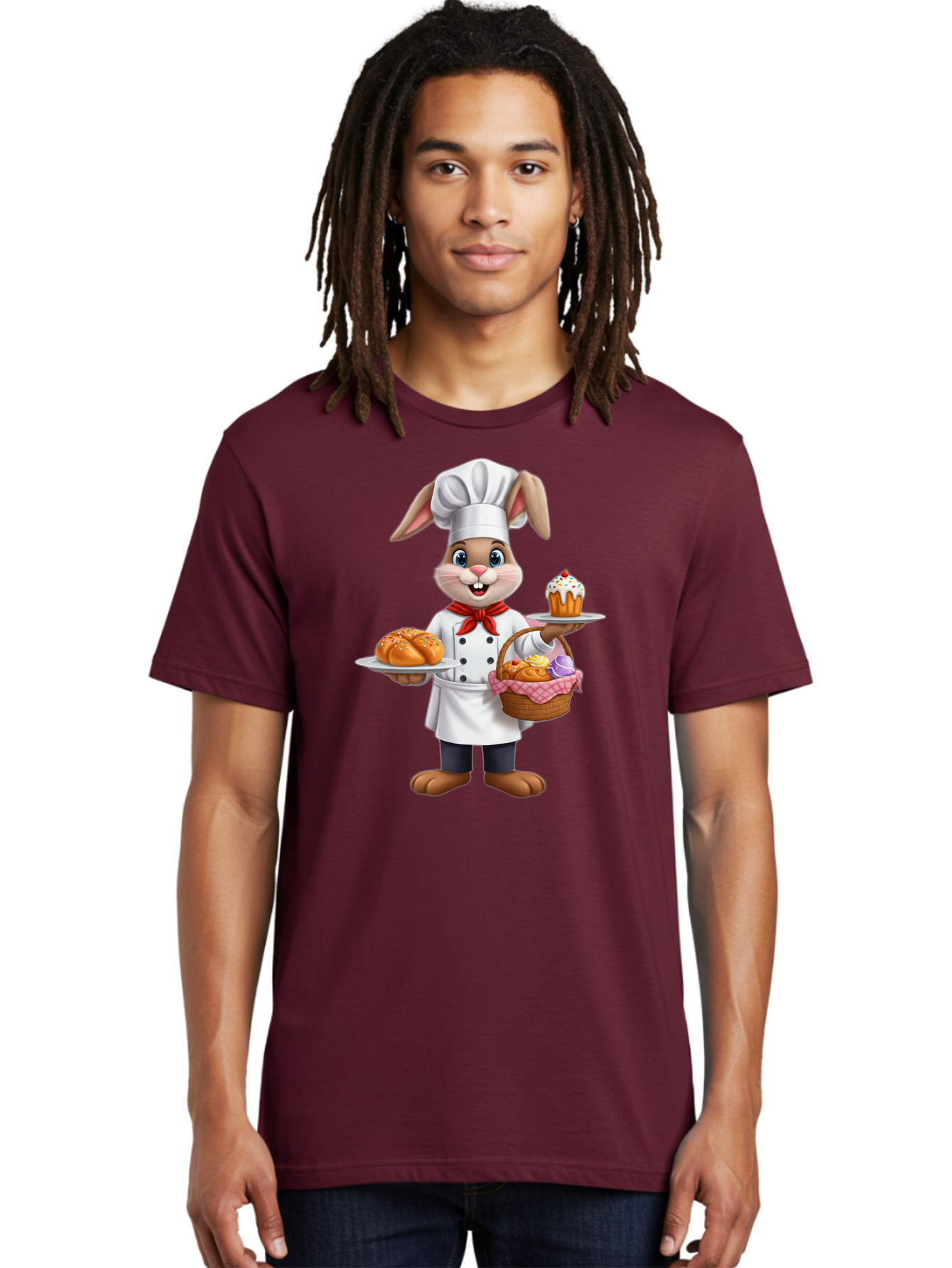 Bunny-Chef Men'S Graphic Tee, 100% Cotton, Comfortable Casual Summer Wear, Machine Washable, Cartoon Bunny Chef, Baked Goods, Cupcake, Bread, Basket Of Pastries, Chef Hat, Red Bow Tie, White Coat, Happy Expression, Easter Theme, Bakery Items Baa241