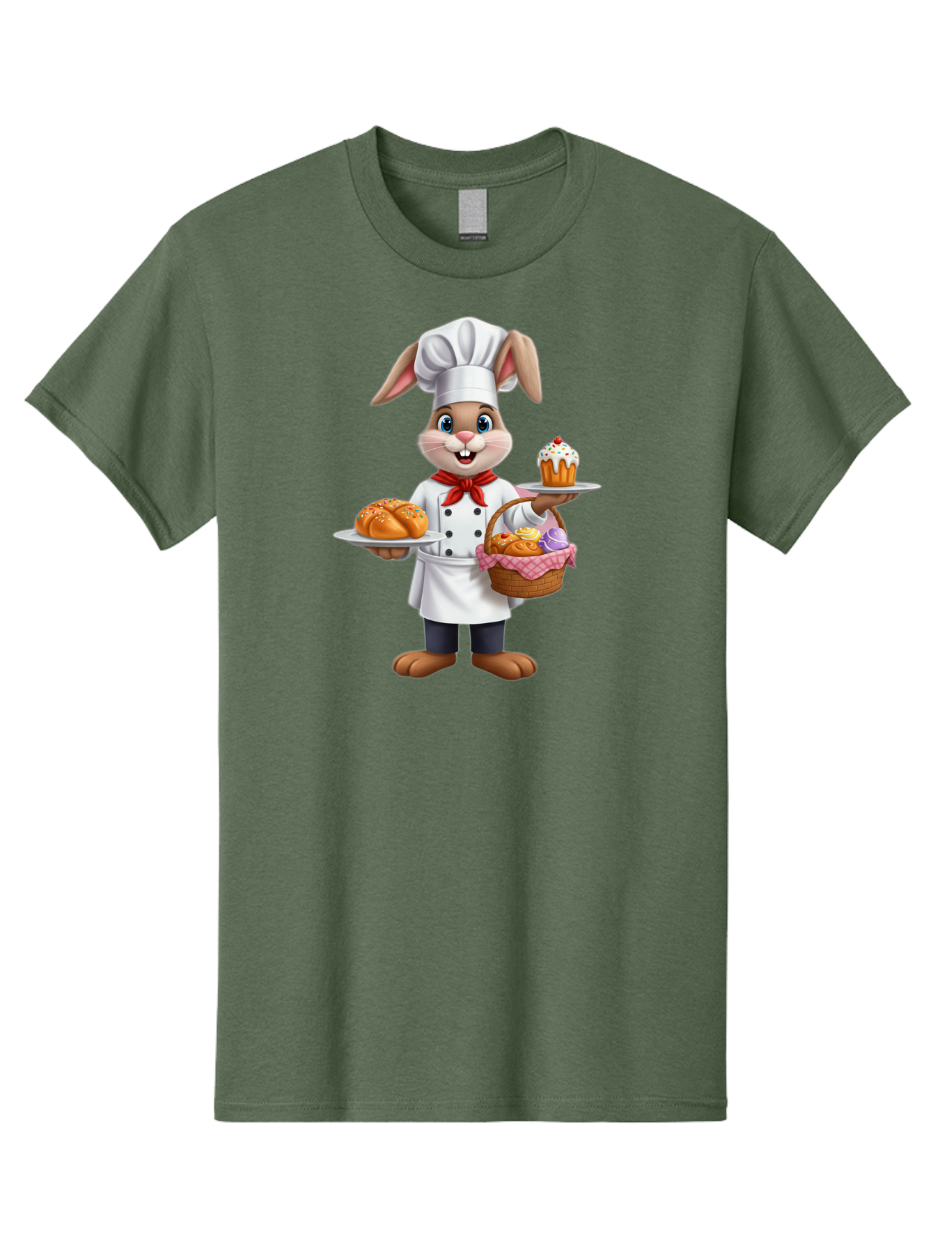 Bunny-Chef Men'S Graphic Tee, 100% Cotton, Comfortable Casual Summer Wear, Machine Washable, Cartoon Bunny Chef, Baked Goods, Cupcake, Bread, Basket Of Pastries, Chef Hat, Red Bow Tie, White Coat, Happy Expression, Easter Theme, Bakery Items Baa241