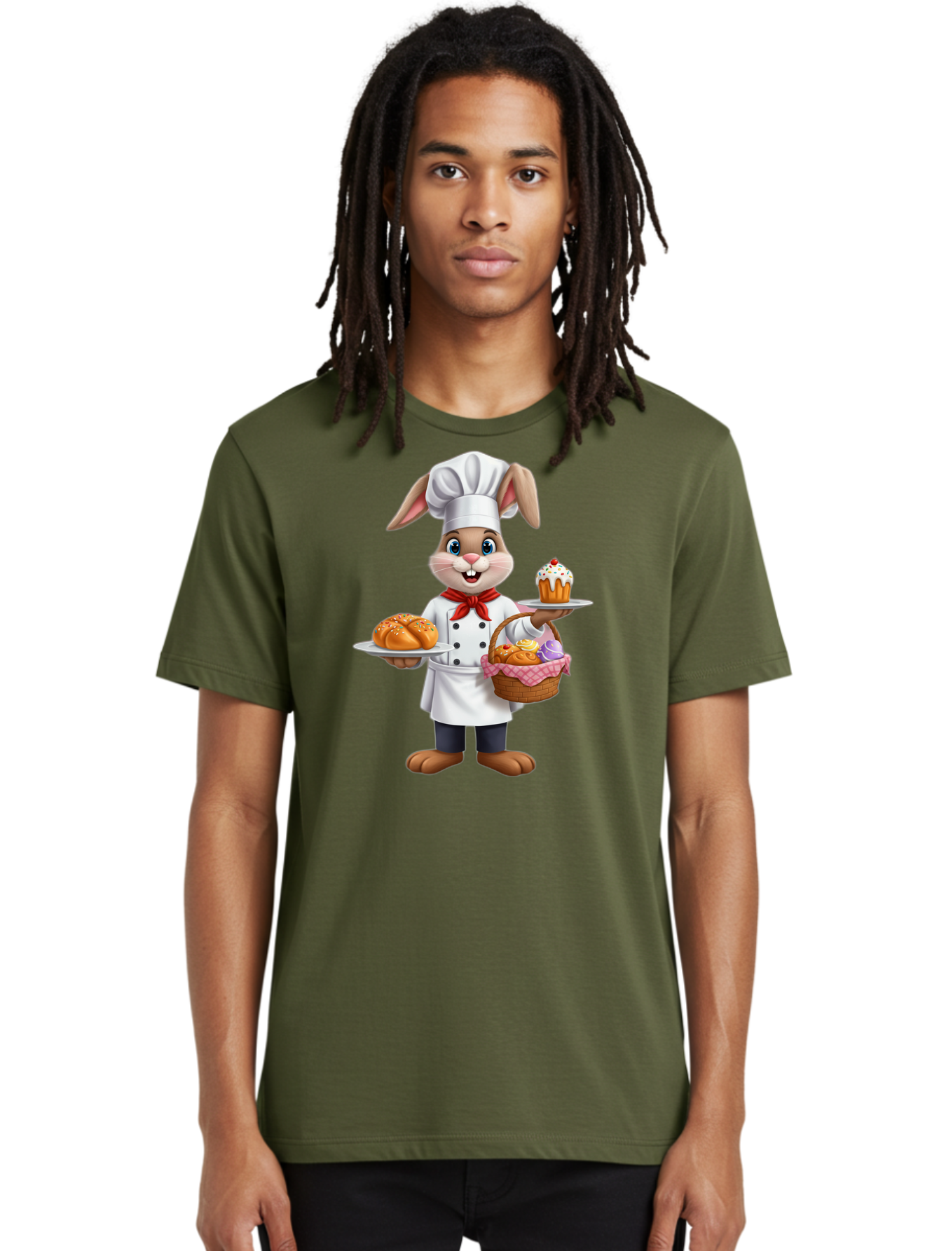 Bunny-Chef Men'S Graphic Tee, 100% Cotton, Comfortable Casual Summer Wear, Machine Washable, Cartoon Bunny Chef, Baked Goods, Cupcake, Bread, Basket Of Pastries, Chef Hat, Red Bow Tie, White Coat, Happy Expression, Easter Theme, Bakery Items Baa241