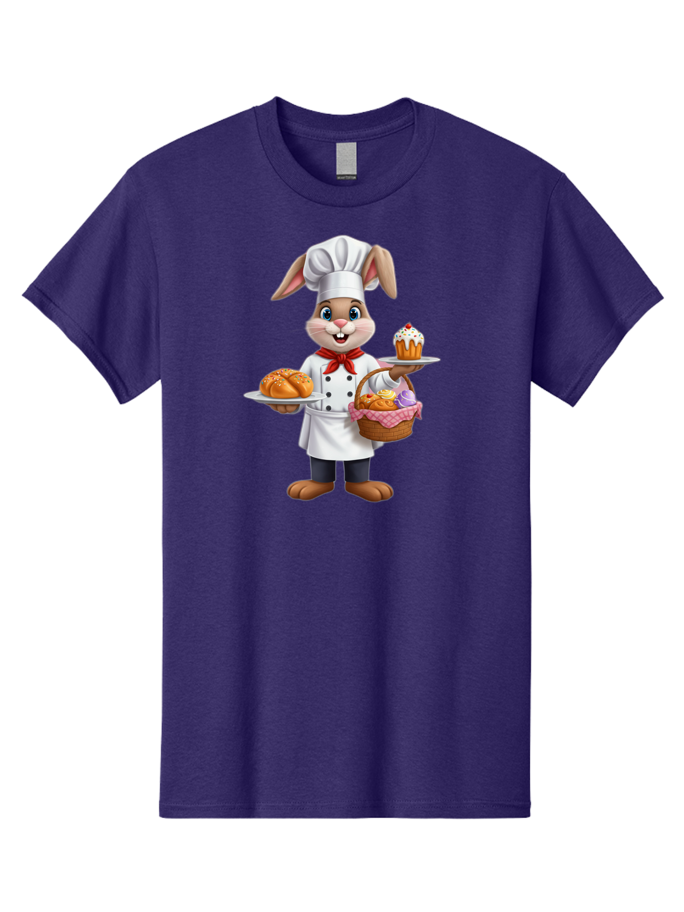 Bunny-Chef Men'S Graphic Tee, 100% Cotton, Comfortable Casual Summer Wear, Machine Washable, Cartoon Bunny Chef, Baked Goods, Cupcake, Bread, Basket Of Pastries, Chef Hat, Red Bow Tie, White Coat, Happy Expression, Easter Theme, Bakery Items Baa241
