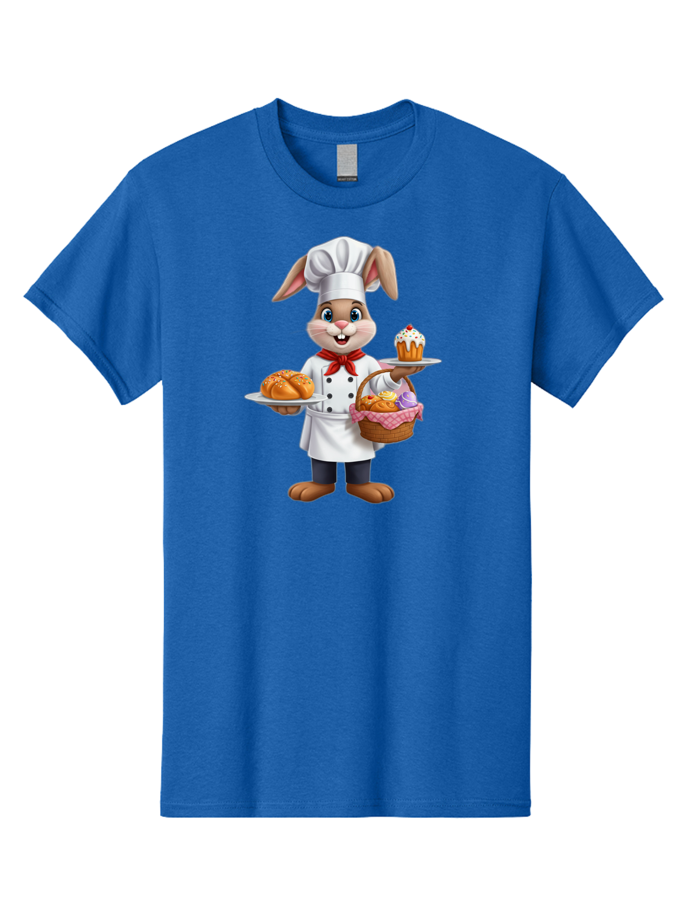 Bunny-Chef Men'S Graphic Tee, 100% Cotton, Comfortable Casual Summer Wear, Machine Washable, Cartoon Bunny Chef, Baked Goods, Cupcake, Bread, Basket Of Pastries, Chef Hat, Red Bow Tie, White Coat, Happy Expression, Easter Theme, Bakery Items Baa241
