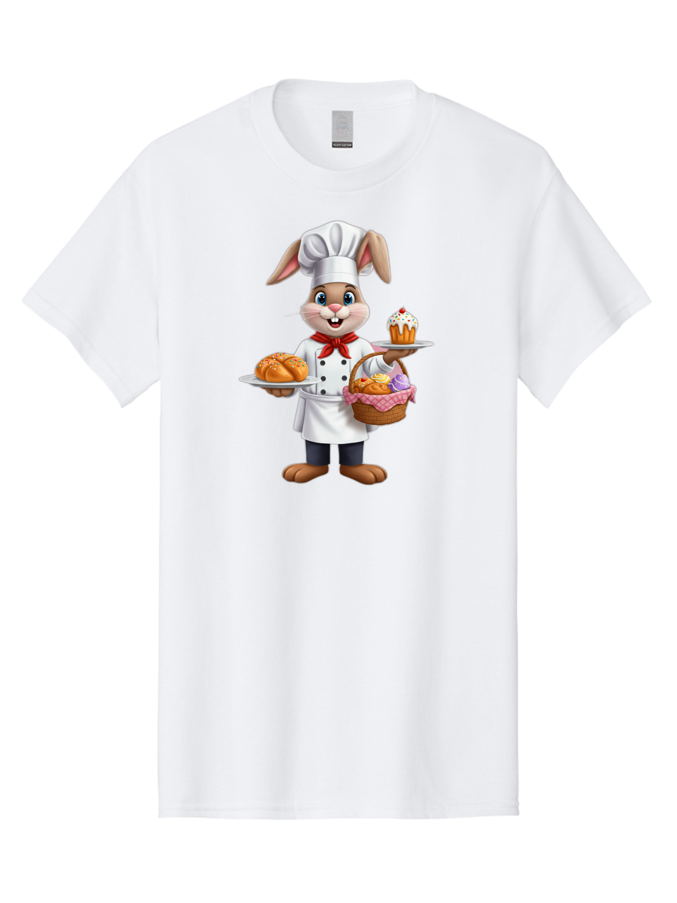 Bunny-Chef Men'S Graphic Tee, 100% Cotton, Comfortable Casual Summer Wear, Machine Washable, Cartoon Bunny Chef, Baked Goods, Cupcake, Bread, Basket Of Pastries, Chef Hat, Red Bow Tie, White Coat, Happy Expression, Easter Theme, Bakery Items Baa241