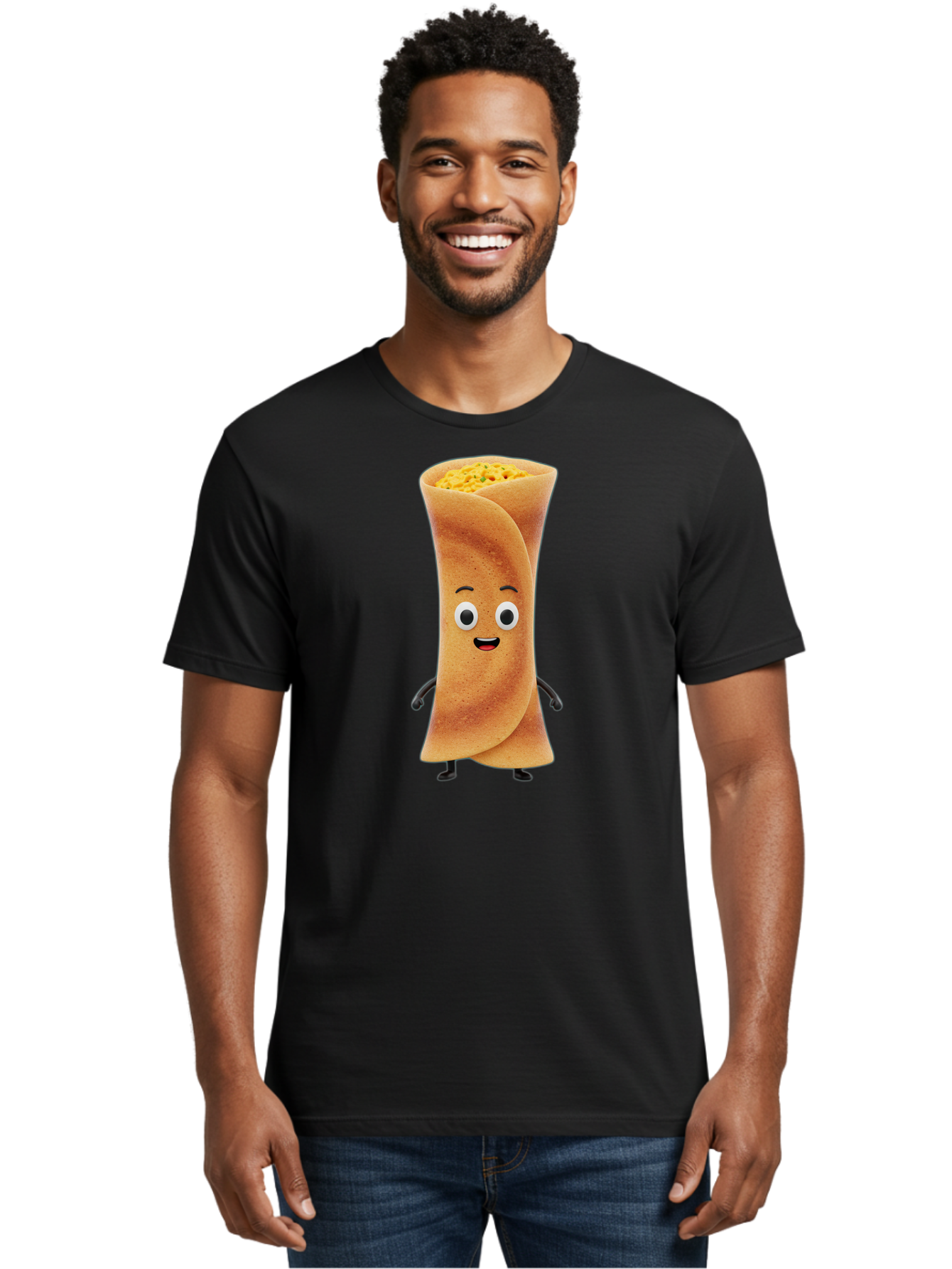 Burrito-Character Men'S Graphic Tee, 100% Cotton, Comfortable Casual Summer Wear, Machine Washable, Cartoon Burrito, Smiling Face, Eyes, Eyebrows, Mouth, Stuffed With Yellow Filling, Mexican Food, Animated Character, Funny, Playful, Foodie, Baa243