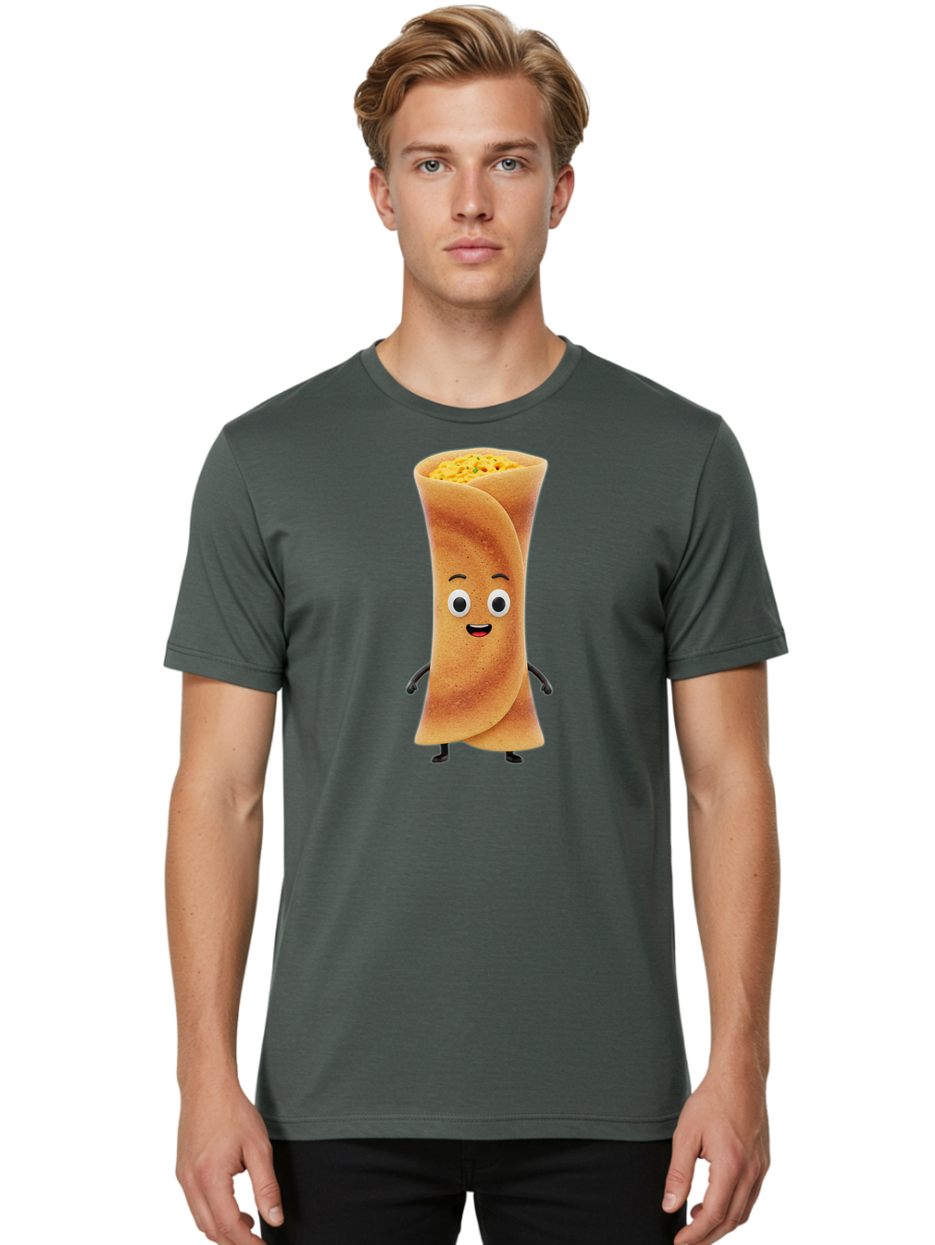 Burrito-Character Men'S Graphic Tee, 100% Cotton, Comfortable Casual Summer Wear, Machine Washable, Cartoon Burrito, Smiling Face, Eyes, Eyebrows, Mouth, Stuffed With Yellow Filling, Mexican Food, Animated Character, Funny, Playful, Foodie, Baa243