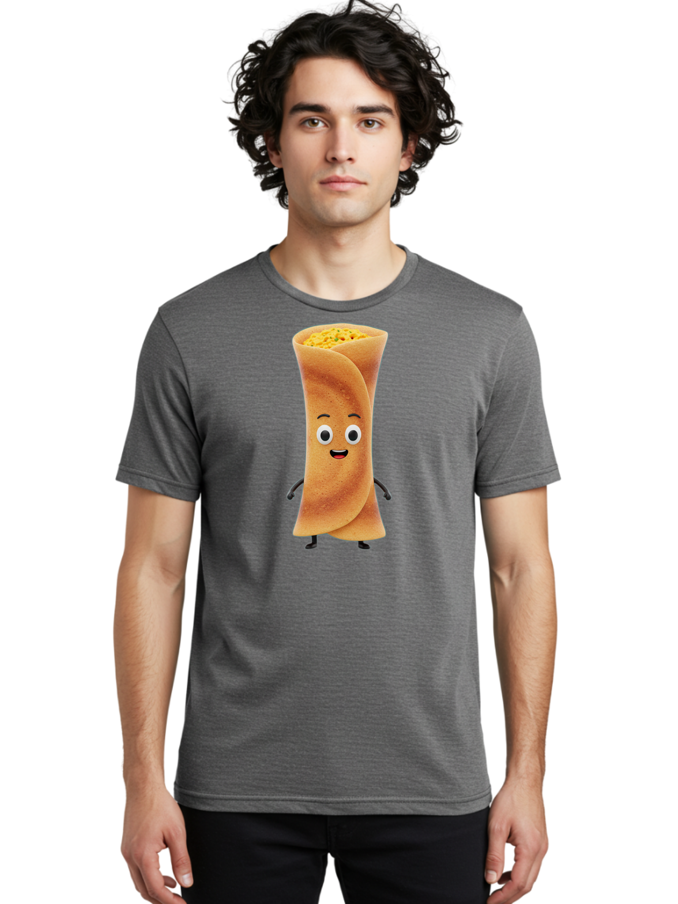 Burrito-Character Men'S Graphic Tee, 100% Cotton, Comfortable Casual Summer Wear, Machine Washable, Cartoon Burrito, Smiling Face, Eyes, Eyebrows, Mouth, Stuffed With Yellow Filling, Mexican Food, Animated Character, Funny, Playful, Foodie, Baa243