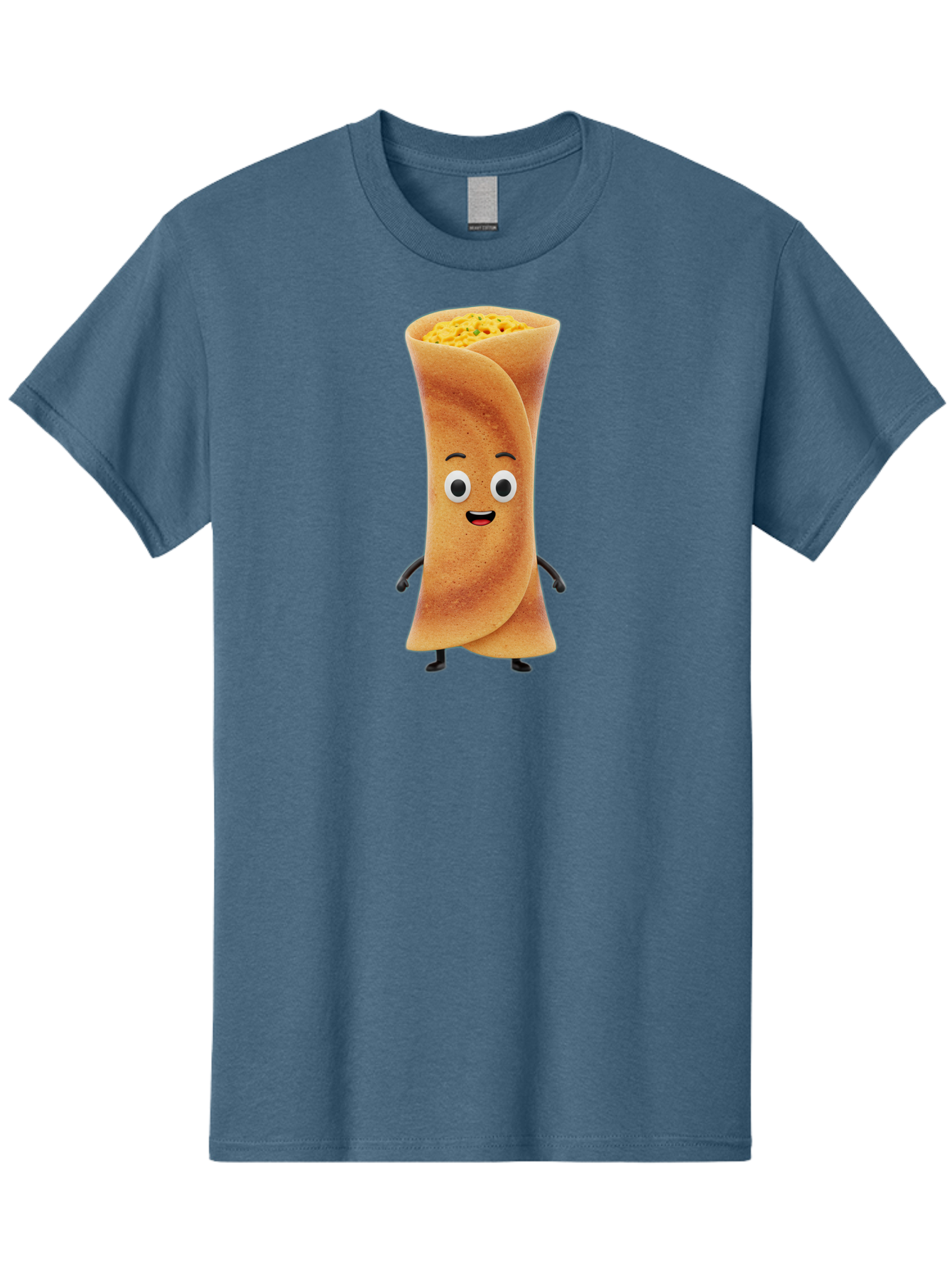 Burrito-Character Men'S Graphic Tee, 100% Cotton, Comfortable Casual Summer Wear, Machine Washable, Cartoon Burrito, Smiling Face, Eyes, Eyebrows, Mouth, Stuffed With Yellow Filling, Mexican Food, Animated Character, Funny, Playful, Foodie, Baa243