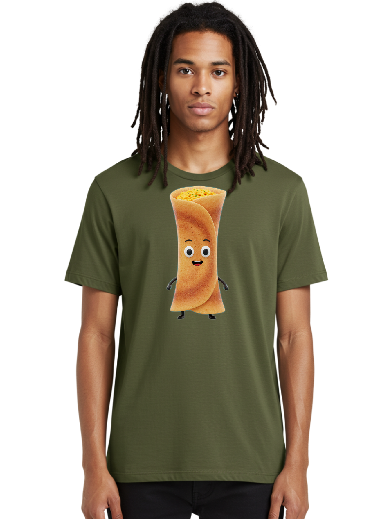 Burrito-Character Men'S Graphic Tee, 100% Cotton, Comfortable Casual Summer Wear, Machine Washable, Cartoon Burrito, Smiling Face, Eyes, Eyebrows, Mouth, Stuffed With Yellow Filling, Mexican Food, Animated Character, Funny, Playful, Foodie, Baa243