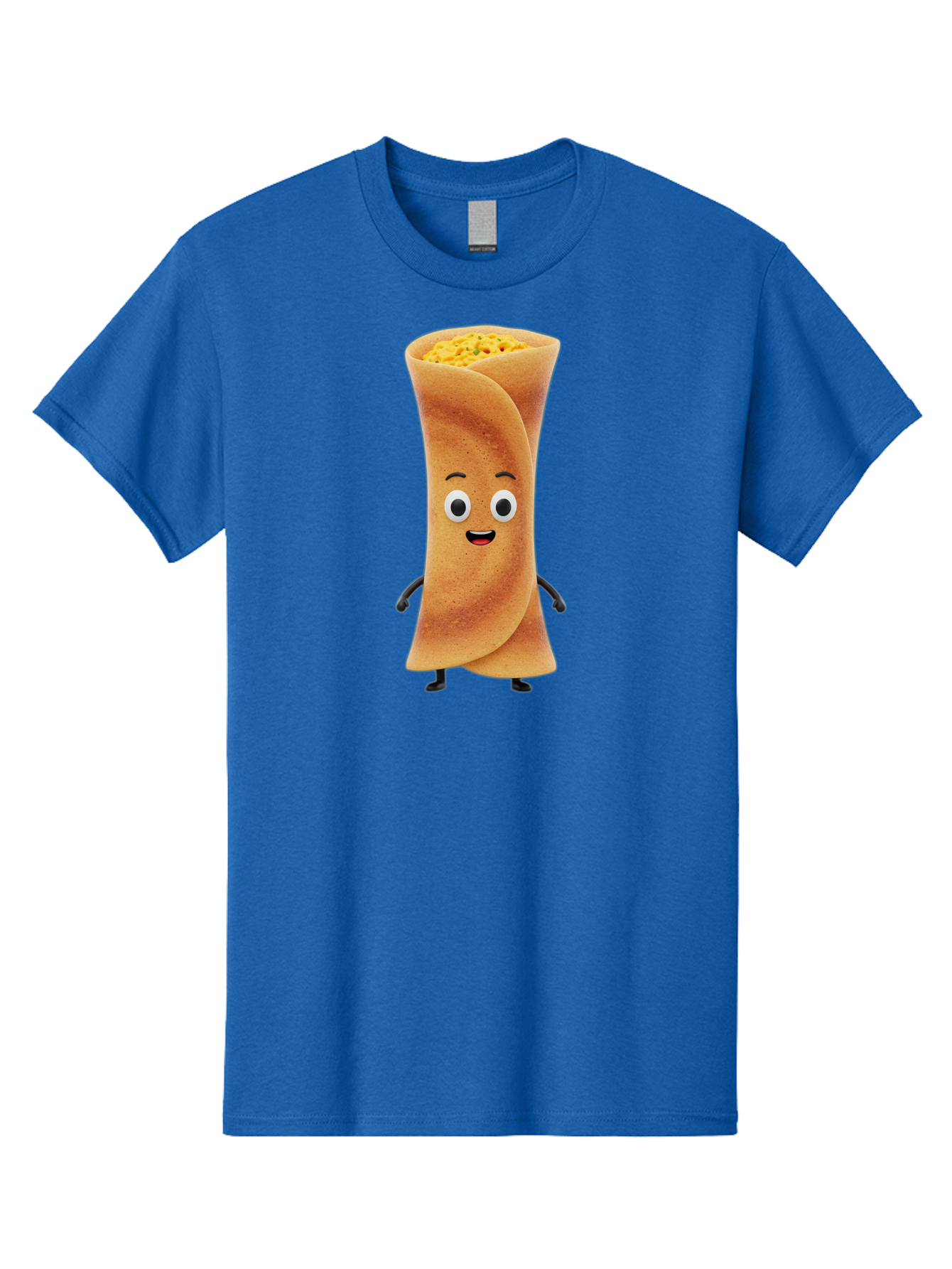 Burrito-Character Men'S Graphic Tee, 100% Cotton, Comfortable Casual Summer Wear, Machine Washable, Cartoon Burrito, Smiling Face, Eyes, Eyebrows, Mouth, Stuffed With Yellow Filling, Mexican Food, Animated Character, Funny, Playful, Foodie, Baa243