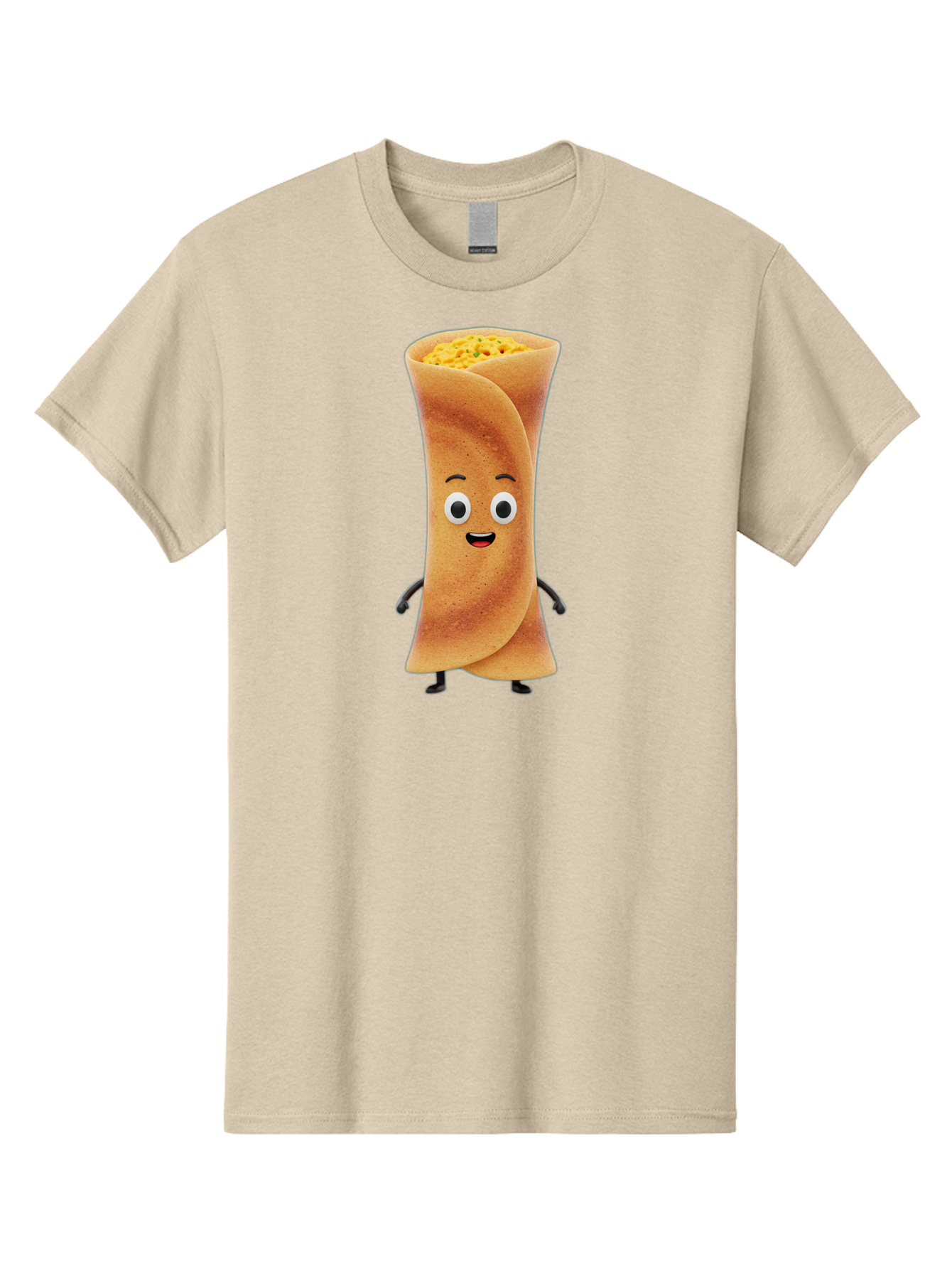 Burrito-Character Men'S Graphic Tee, 100% Cotton, Comfortable Casual Summer Wear, Machine Washable, Cartoon Burrito, Smiling Face, Eyes, Eyebrows, Mouth, Stuffed With Yellow Filling, Mexican Food, Animated Character, Funny, Playful, Foodie, Baa243