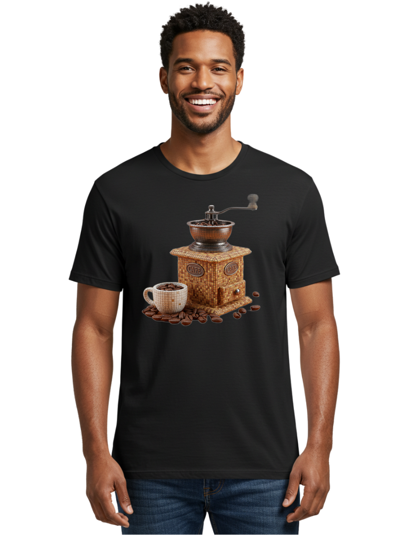 Cafe-Coffee-Grinder-1 Men'S Graphic Tee, 100% Cotton, Comfortable Casual Summer Wear, Machine Washable, Vintage Coffee Grinder, Coffee Beans, Cafe, Manual Grinder, Retro Kitchen, Coffee Lover, Morning Coffee, Coffee Cup, Coffee Time, Baa245