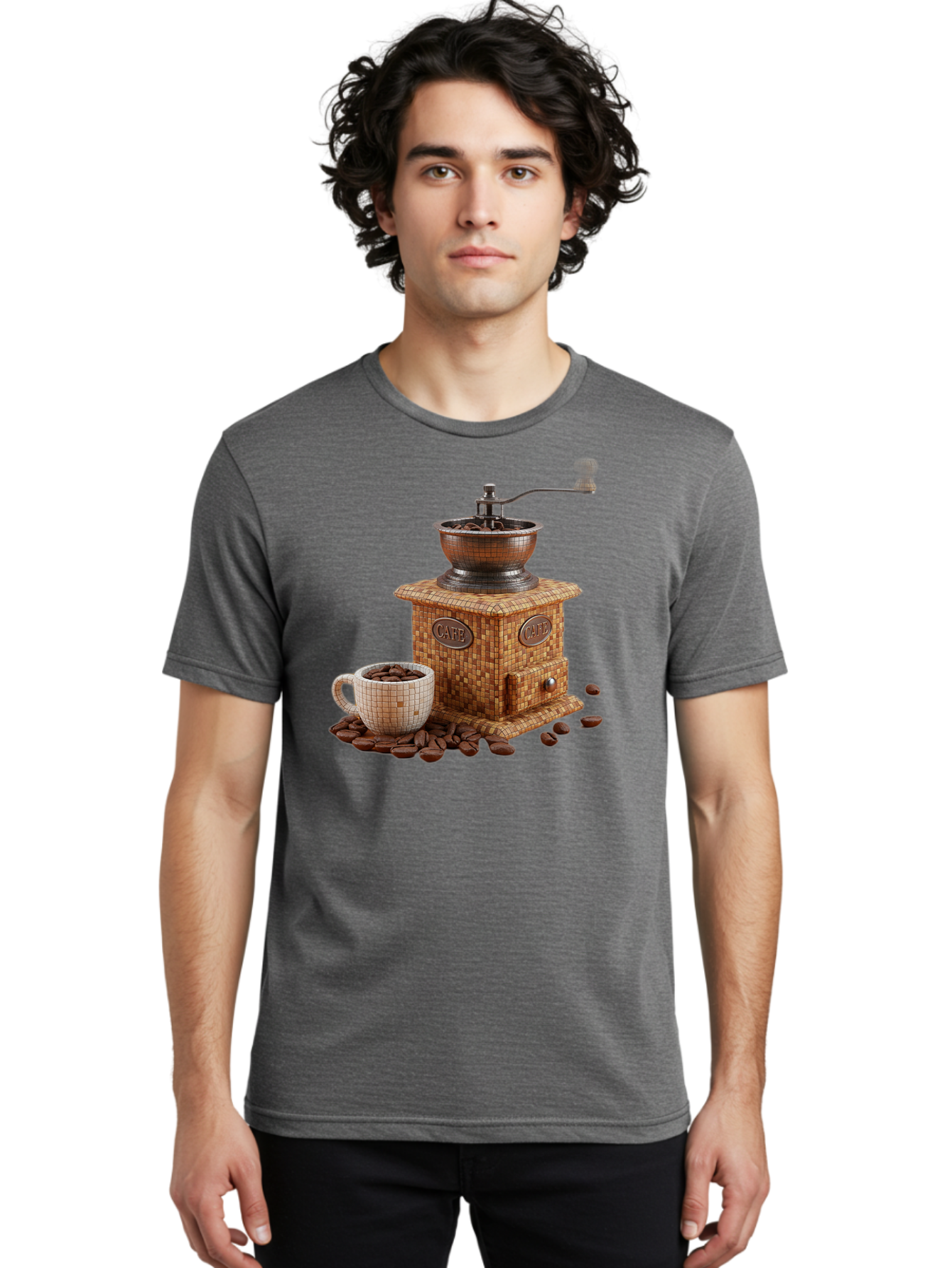 Cafe-Coffee-Grinder-1 Men'S Graphic Tee, 100% Cotton, Comfortable Casual Summer Wear, Machine Washable, Vintage Coffee Grinder, Coffee Beans, Cafe, Manual Grinder, Retro Kitchen, Coffee Lover, Morning Coffee, Coffee Cup, Coffee Time, Baa245