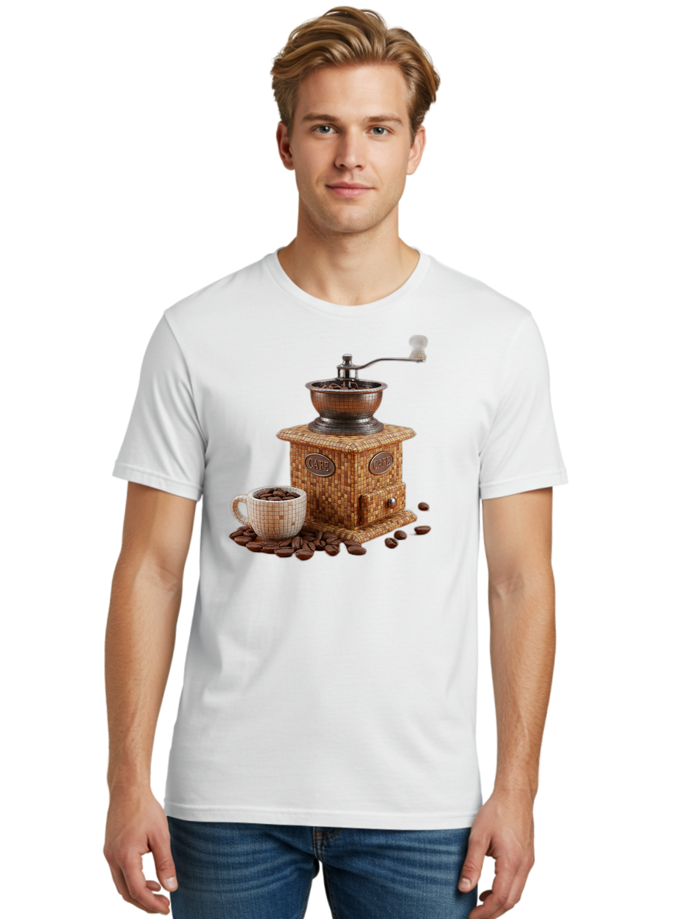 Cafe-Coffee-Grinder-1 Men'S Graphic Tee, 100% Cotton, Comfortable Casual Summer Wear, Machine Washable, Vintage Coffee Grinder, Coffee Beans, Cafe, Manual Grinder, Retro Kitchen, Coffee Lover, Morning Coffee, Coffee Cup, Coffee Time, Baa245