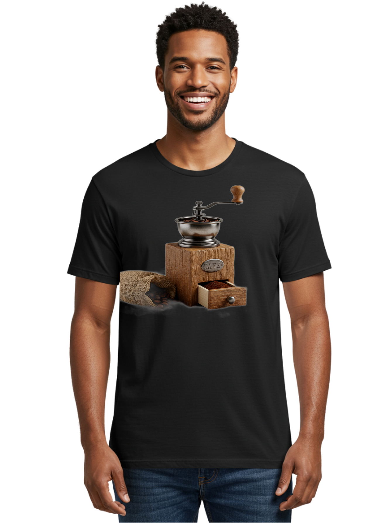 Cafe-Coffee-Grinder Men'S Graphic Tee, 100% Cotton, Comfortable Casual Summer Wear, Machine Washable, Coffee Grinder, Manual Grinder, Wooden Grinder, Cafe Label, Coffee Beans, Burlap Sack, Ground Coffee, Vintage Coffee, Coffee Roasting, Baa246
