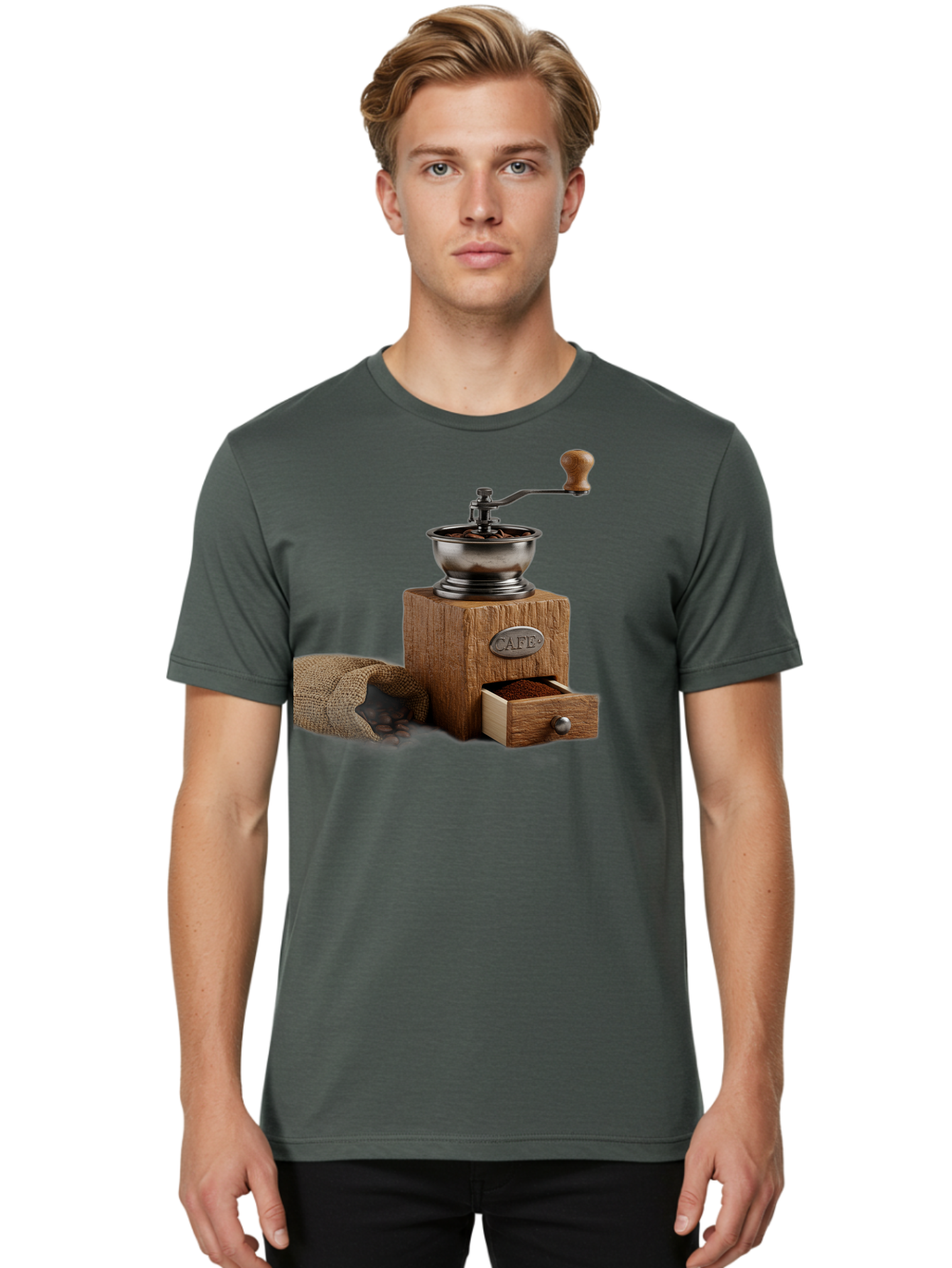 Cafe-Coffee-Grinder Men'S Graphic Tee, 100% Cotton, Comfortable Casual Summer Wear, Machine Washable, Coffee Grinder, Manual Grinder, Wooden Grinder, Cafe Label, Coffee Beans, Burlap Sack, Ground Coffee, Vintage Coffee, Coffee Roasting, Baa246