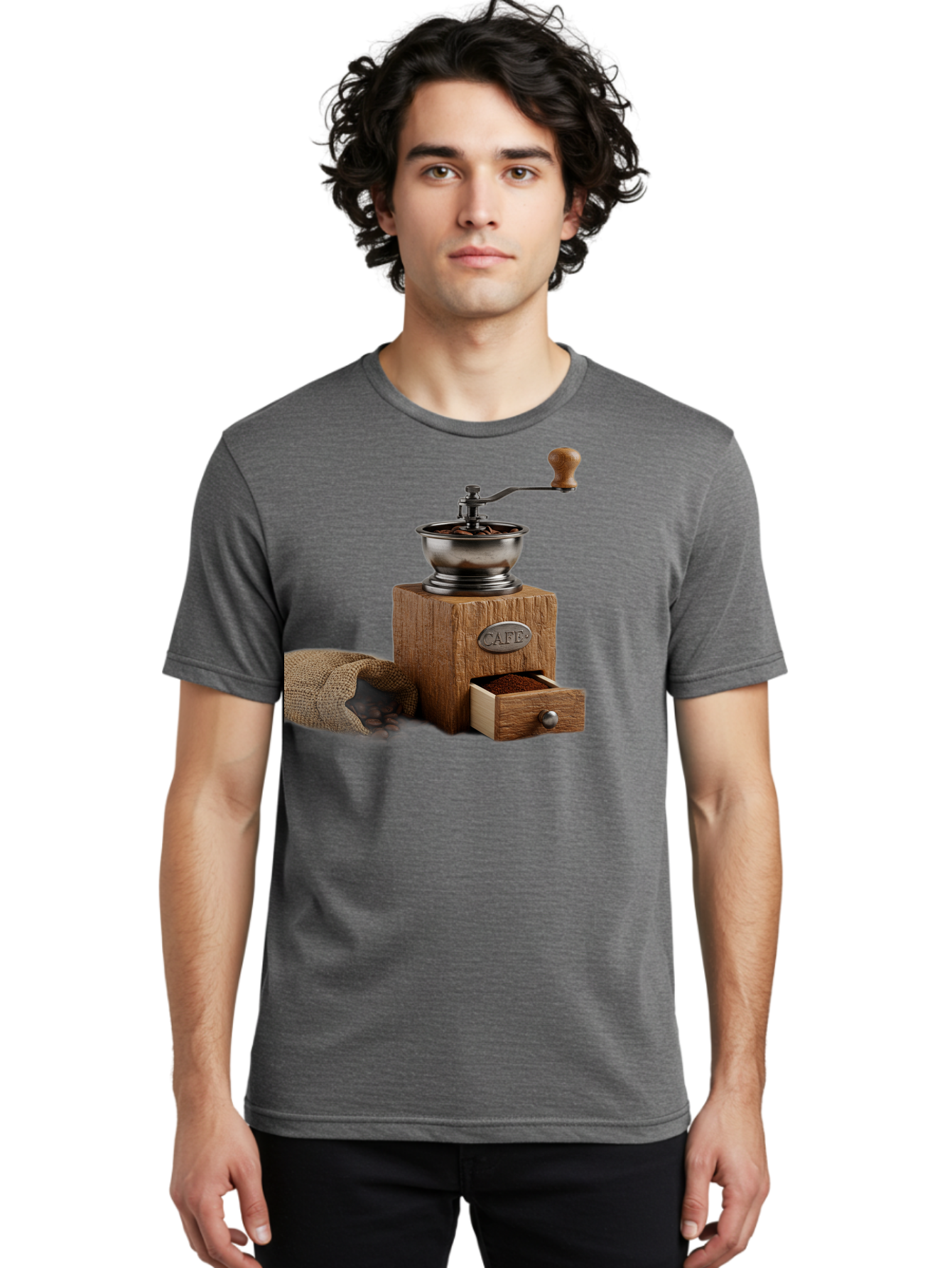 Cafe-Coffee-Grinder Men'S Graphic Tee, 100% Cotton, Comfortable Casual Summer Wear, Machine Washable, Coffee Grinder, Manual Grinder, Wooden Grinder, Cafe Label, Coffee Beans, Burlap Sack, Ground Coffee, Vintage Coffee, Coffee Roasting, Baa246