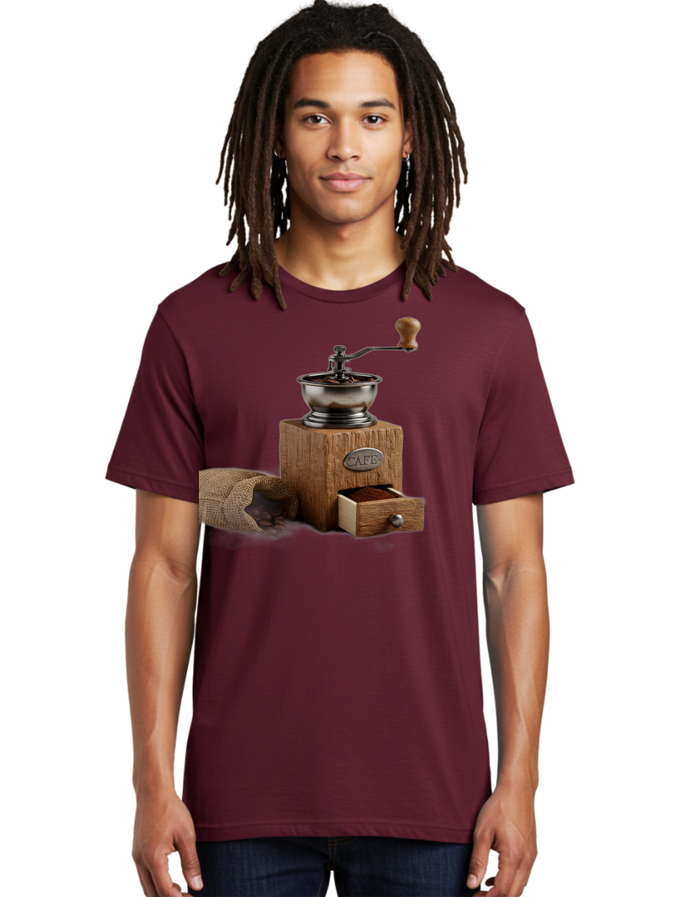 Cafe-Coffee-Grinder Men'S Graphic Tee, 100% Cotton, Comfortable Casual Summer Wear, Machine Washable, Coffee Grinder, Manual Grinder, Wooden Grinder, Cafe Label, Coffee Beans, Burlap Sack, Ground Coffee, Vintage Coffee, Coffee Roasting, Baa246