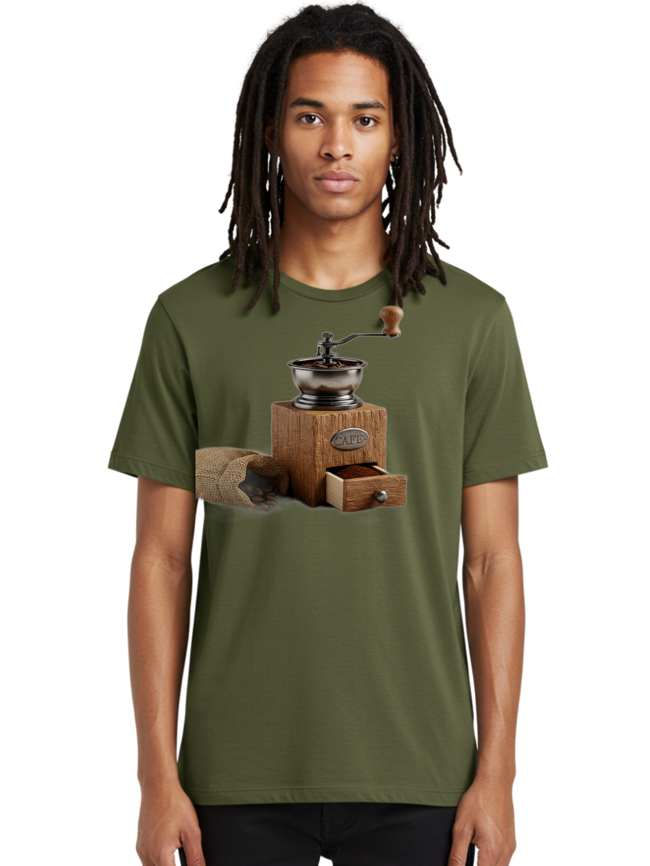 Cafe-Coffee-Grinder Men'S Graphic Tee, 100% Cotton, Comfortable Casual Summer Wear, Machine Washable, Coffee Grinder, Manual Grinder, Wooden Grinder, Cafe Label, Coffee Beans, Burlap Sack, Ground Coffee, Vintage Coffee, Coffee Roasting, Baa246