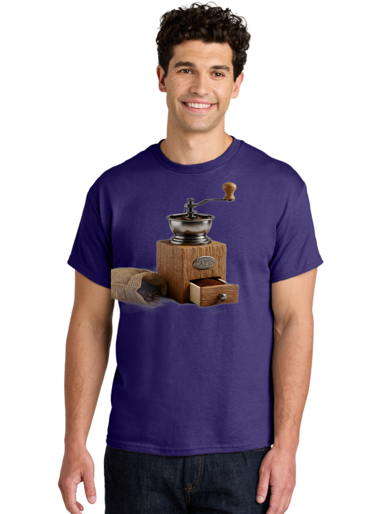 Cafe-Coffee-Grinder Men'S Graphic Tee, 100% Cotton, Comfortable Casual Summer Wear, Machine Washable, Coffee Grinder, Manual Grinder, Wooden Grinder, Cafe Label, Coffee Beans, Burlap Sack, Ground Coffee, Vintage Coffee, Coffee Roasting, Baa246