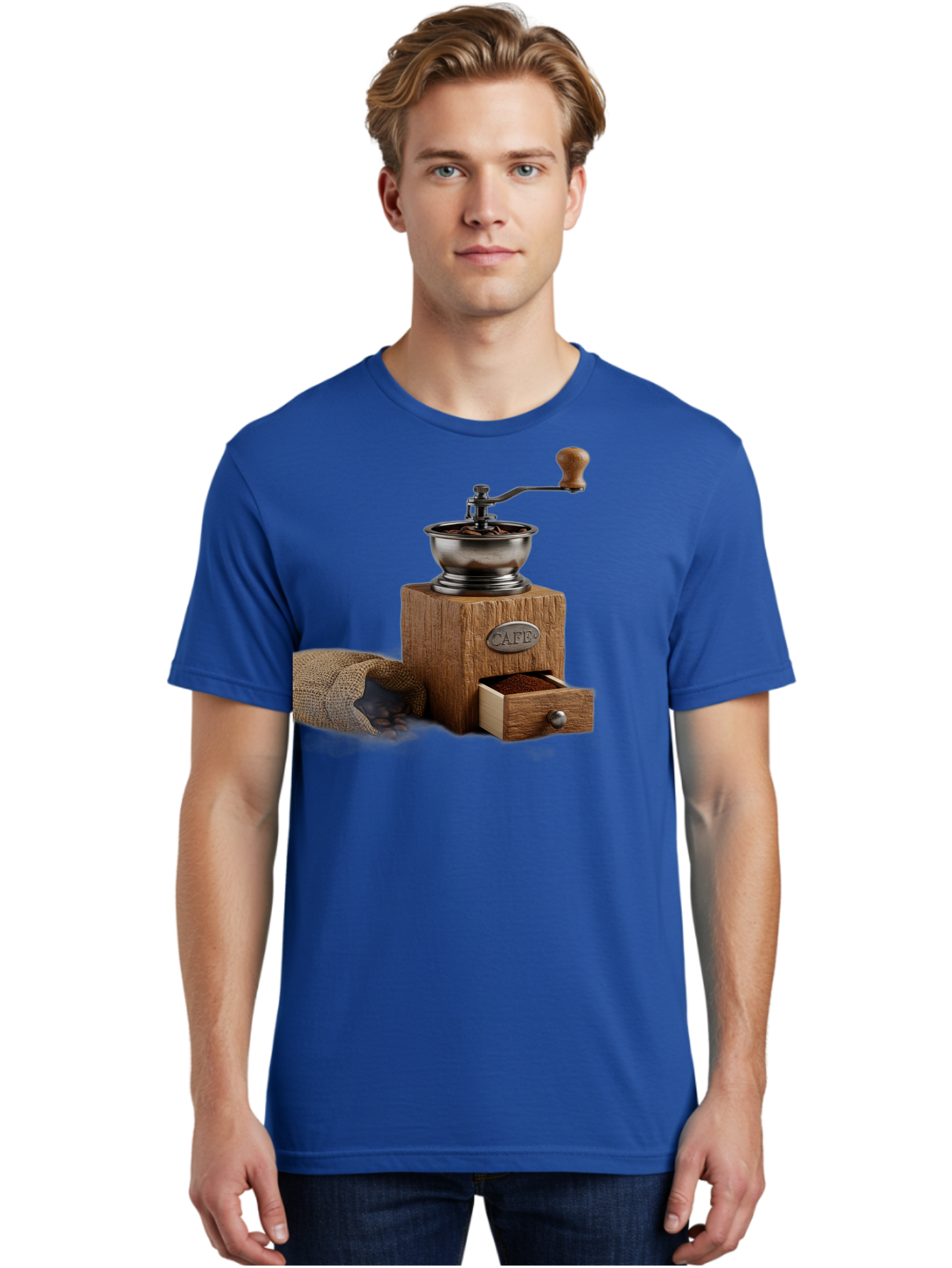 Cafe-Coffee-Grinder Men'S Graphic Tee, 100% Cotton, Comfortable Casual Summer Wear, Machine Washable, Coffee Grinder, Manual Grinder, Wooden Grinder, Cafe Label, Coffee Beans, Burlap Sack, Ground Coffee, Vintage Coffee, Coffee Roasting, Baa246