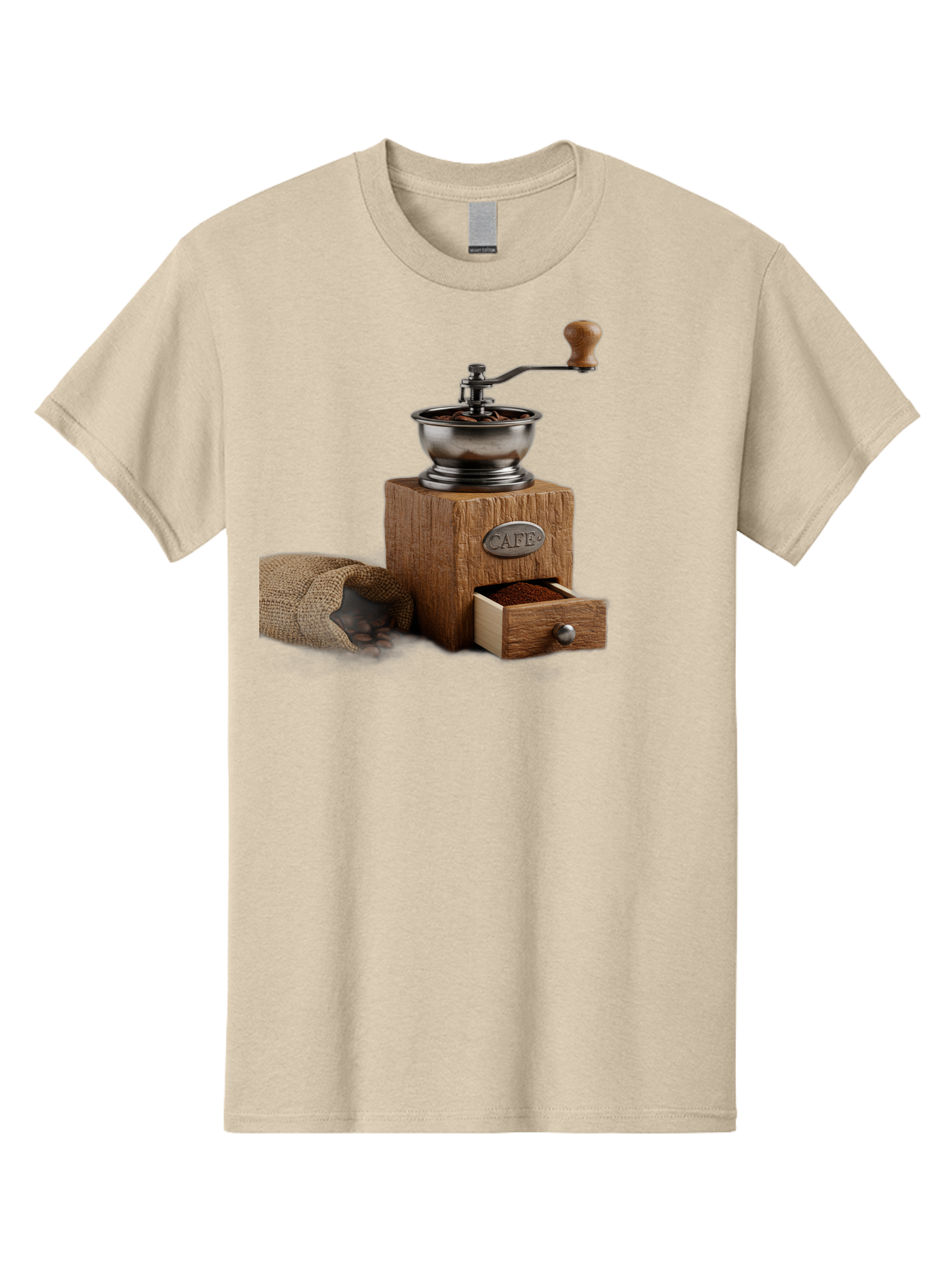 Cafe-Coffee-Grinder Men'S Graphic Tee, 100% Cotton, Comfortable Casual Summer Wear, Machine Washable, Coffee Grinder, Manual Grinder, Wooden Grinder, Cafe Label, Coffee Beans, Burlap Sack, Ground Coffee, Vintage Coffee, Coffee Roasting, Baa246