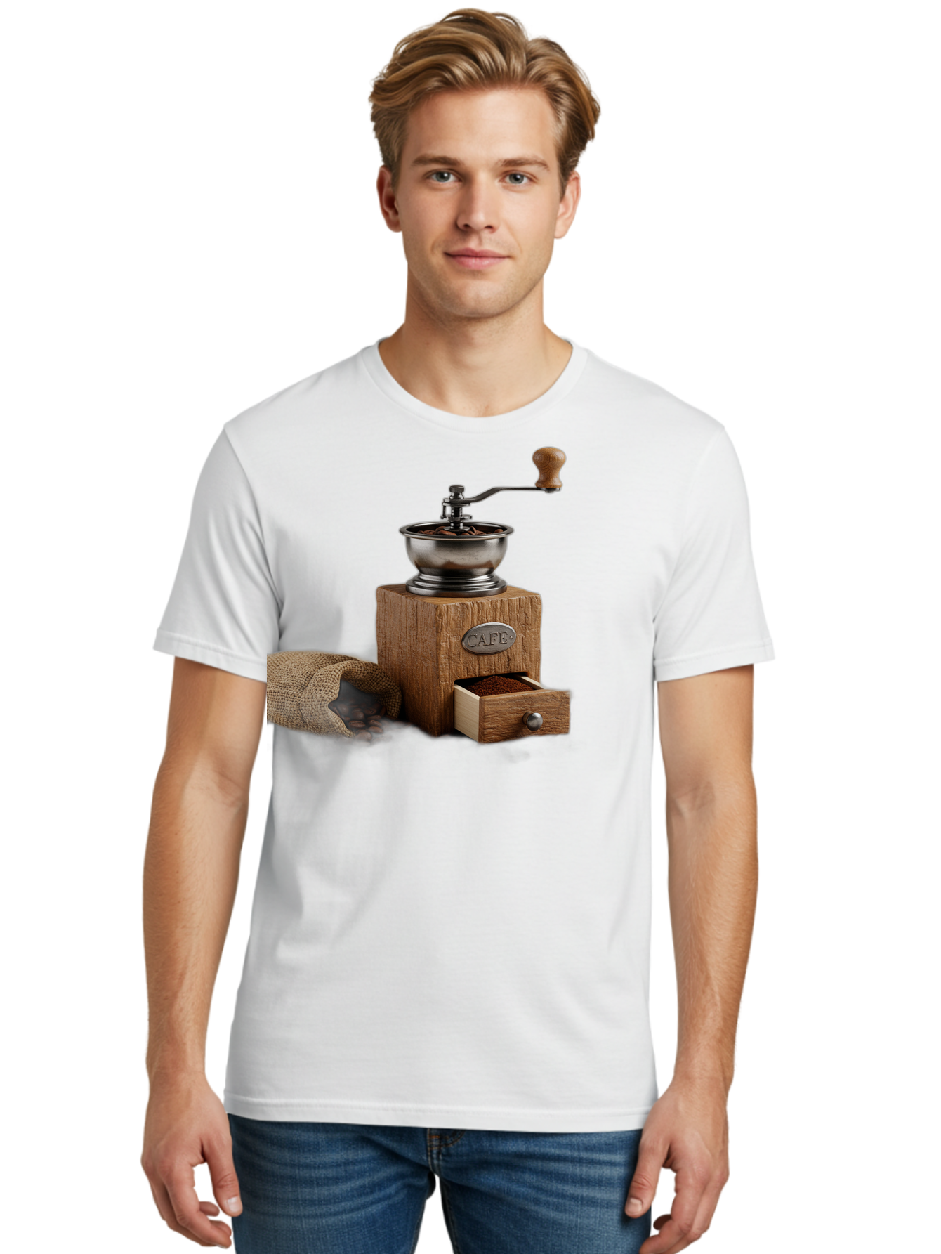 Cafe-Coffee-Grinder Men'S Graphic Tee, 100% Cotton, Comfortable Casual Summer Wear, Machine Washable, Coffee Grinder, Manual Grinder, Wooden Grinder, Cafe Label, Coffee Beans, Burlap Sack, Ground Coffee, Vintage Coffee, Coffee Roasting, Baa246