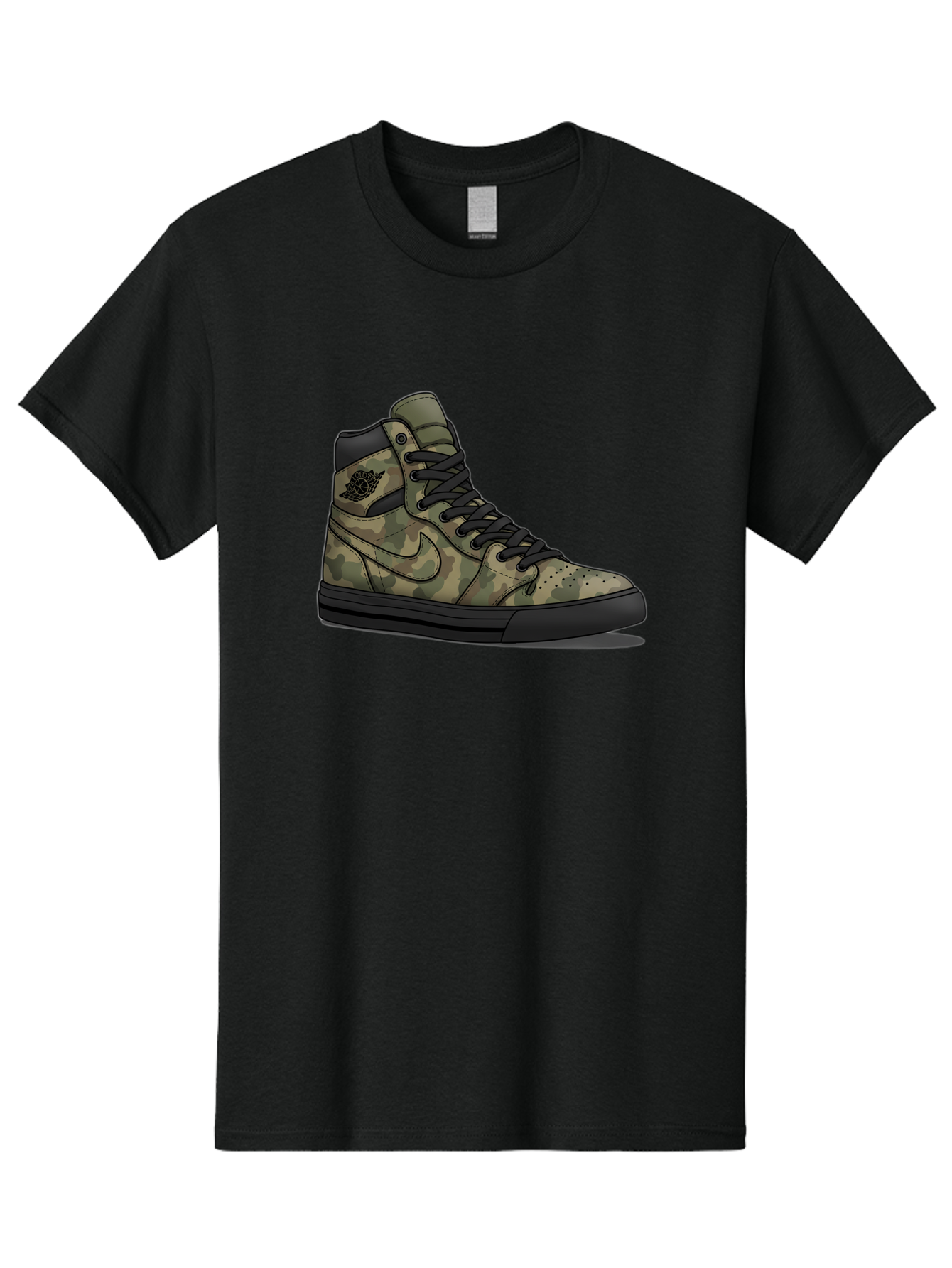Camo-Jordan-1 Men'S Graphic Tee, 100% Cotton, Comfortable Casual Summer Wear, Machine Washable, Camouflage Nike Shoe, High-Top Sneakers, Black Laces, Nike Swoosh Logo, Streetwear Fashion, Athletic Footwear, Camouflage Pattern, Black Sole Baa247