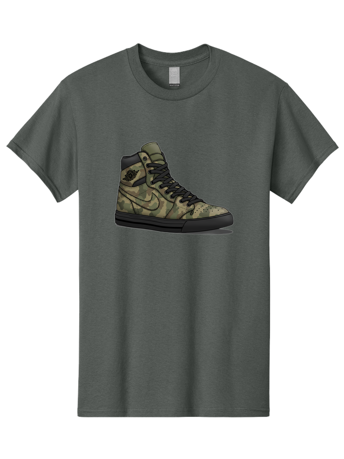 Camo-Jordan-1 Men'S Graphic Tee, 100% Cotton, Comfortable Casual Summer Wear, Machine Washable, Camouflage Nike Shoe, High-Top Sneakers, Black Laces, Nike Swoosh Logo, Streetwear Fashion, Athletic Footwear, Camouflage Pattern, Black Sole Baa247