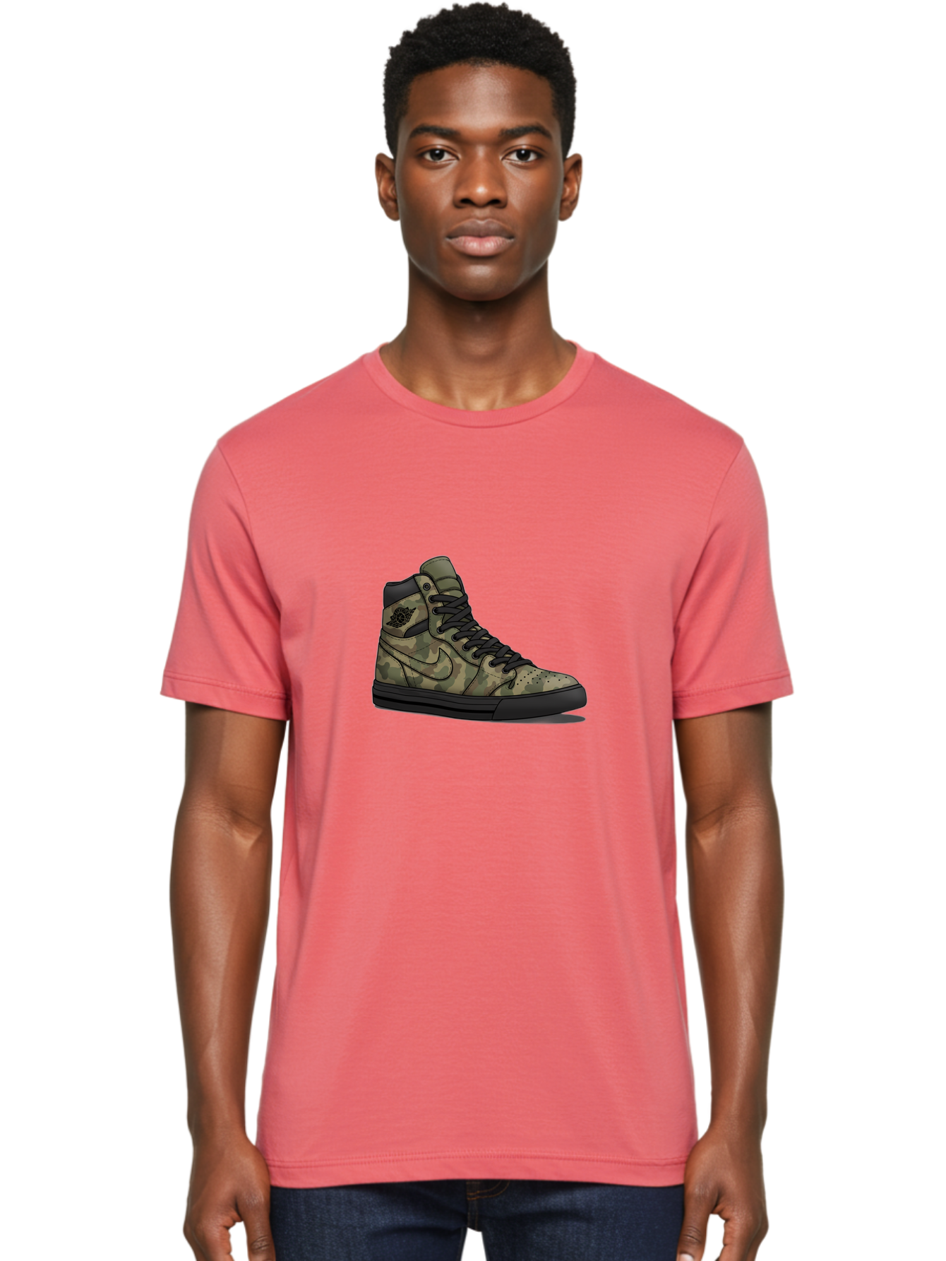 Camo-Jordan-1 Men'S Graphic Tee, 100% Cotton, Comfortable Casual Summer Wear, Machine Washable, Camouflage Nike Shoe, High-Top Sneakers, Black Laces, Nike Swoosh Logo, Streetwear Fashion, Athletic Footwear, Camouflage Pattern, Black Sole Baa247