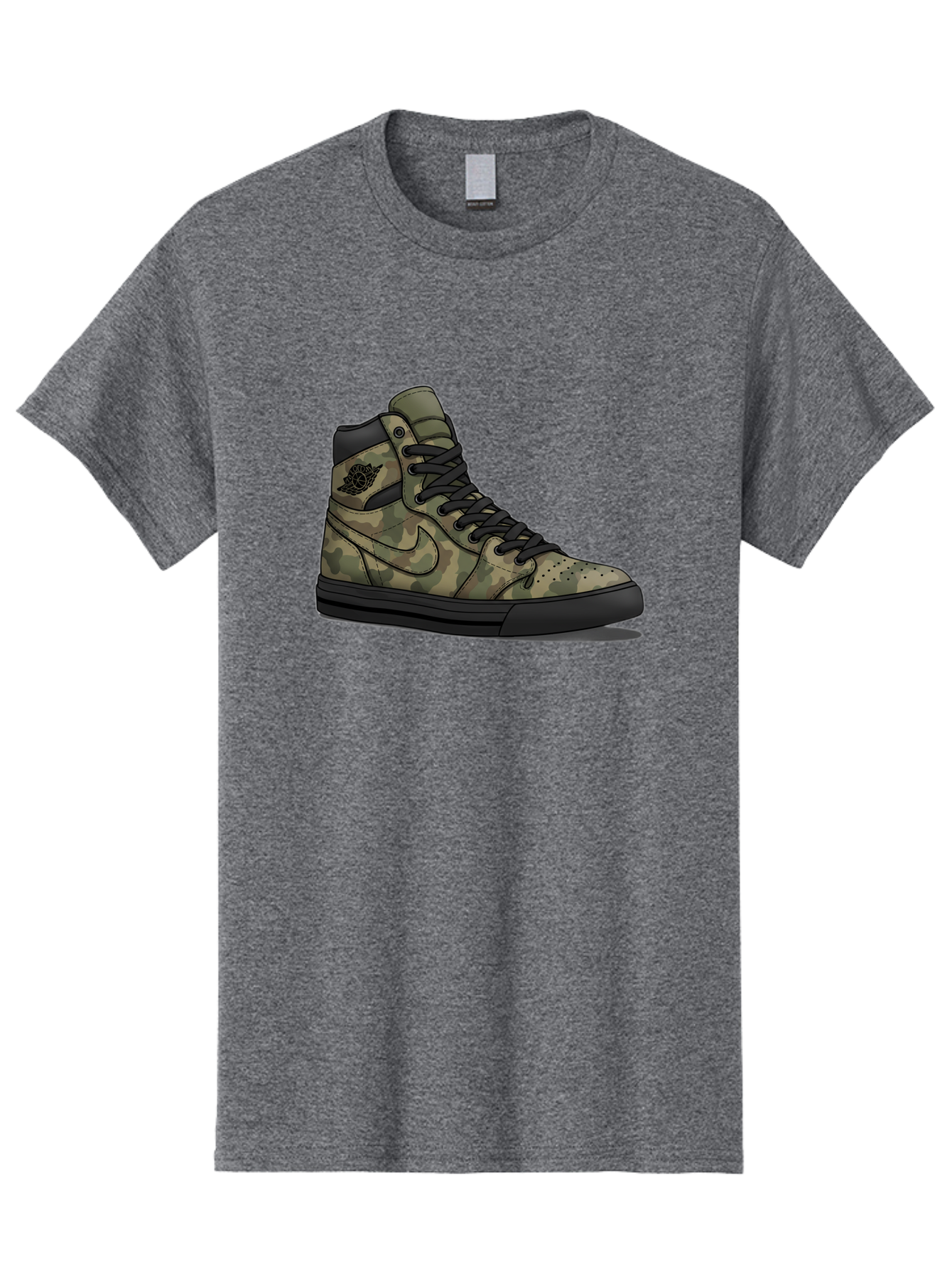 Camo-Jordan-1 Men'S Graphic Tee, 100% Cotton, Comfortable Casual Summer Wear, Machine Washable, Camouflage Nike Shoe, High-Top Sneakers, Black Laces, Nike Swoosh Logo, Streetwear Fashion, Athletic Footwear, Camouflage Pattern, Black Sole Baa247