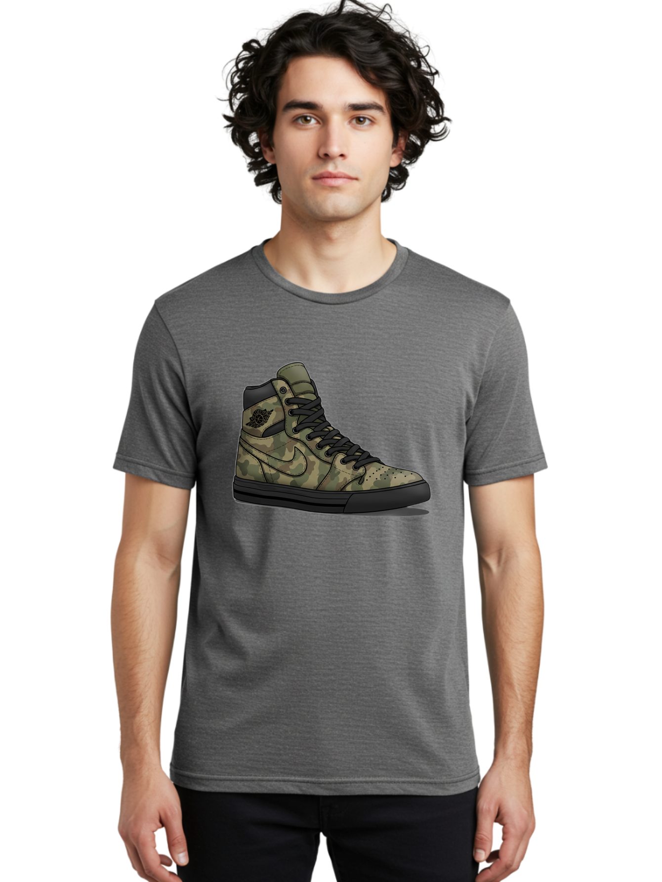 Camo-Jordan-1 Men'S Graphic Tee, 100% Cotton, Comfortable Casual Summer Wear, Machine Washable, Camouflage Nike Shoe, High-Top Sneakers, Black Laces, Nike Swoosh Logo, Streetwear Fashion, Athletic Footwear, Camouflage Pattern, Black Sole Baa247