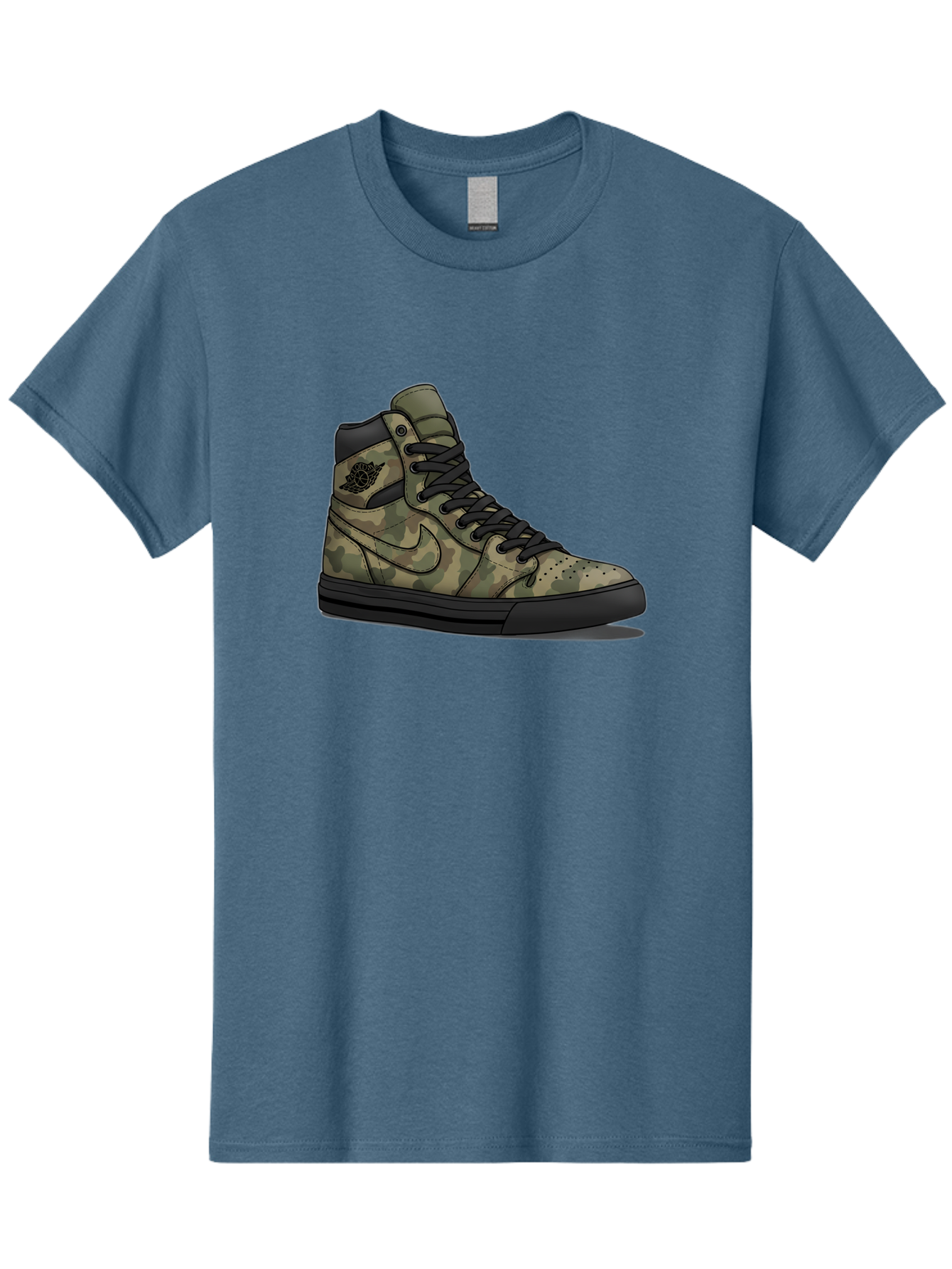 Camo-Jordan-1 Men'S Graphic Tee, 100% Cotton, Comfortable Casual Summer Wear, Machine Washable, Camouflage Nike Shoe, High-Top Sneakers, Black Laces, Nike Swoosh Logo, Streetwear Fashion, Athletic Footwear, Camouflage Pattern, Black Sole Baa247
