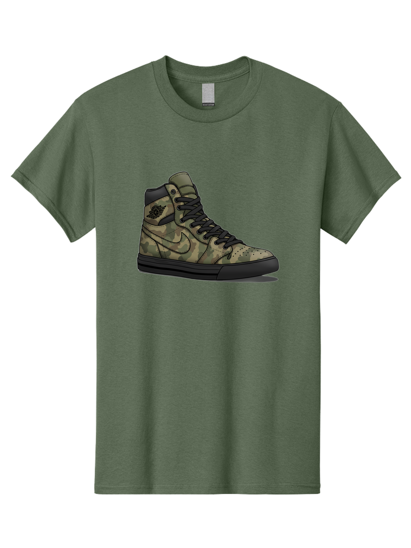 Camo-Jordan-1 Men'S Graphic Tee, 100% Cotton, Comfortable Casual Summer Wear, Machine Washable, Camouflage Nike Shoe, High-Top Sneakers, Black Laces, Nike Swoosh Logo, Streetwear Fashion, Athletic Footwear, Camouflage Pattern, Black Sole Baa247